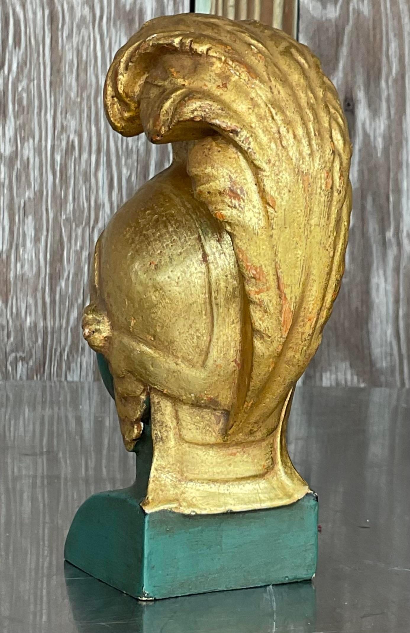 A fabulous vintage Boho gladiator bust. A chic plaster figure painted in thr most beautiful green and gold combo. Acquired from thr estate of Massimo Camilo, the celebrated designer for Gianni Versace.