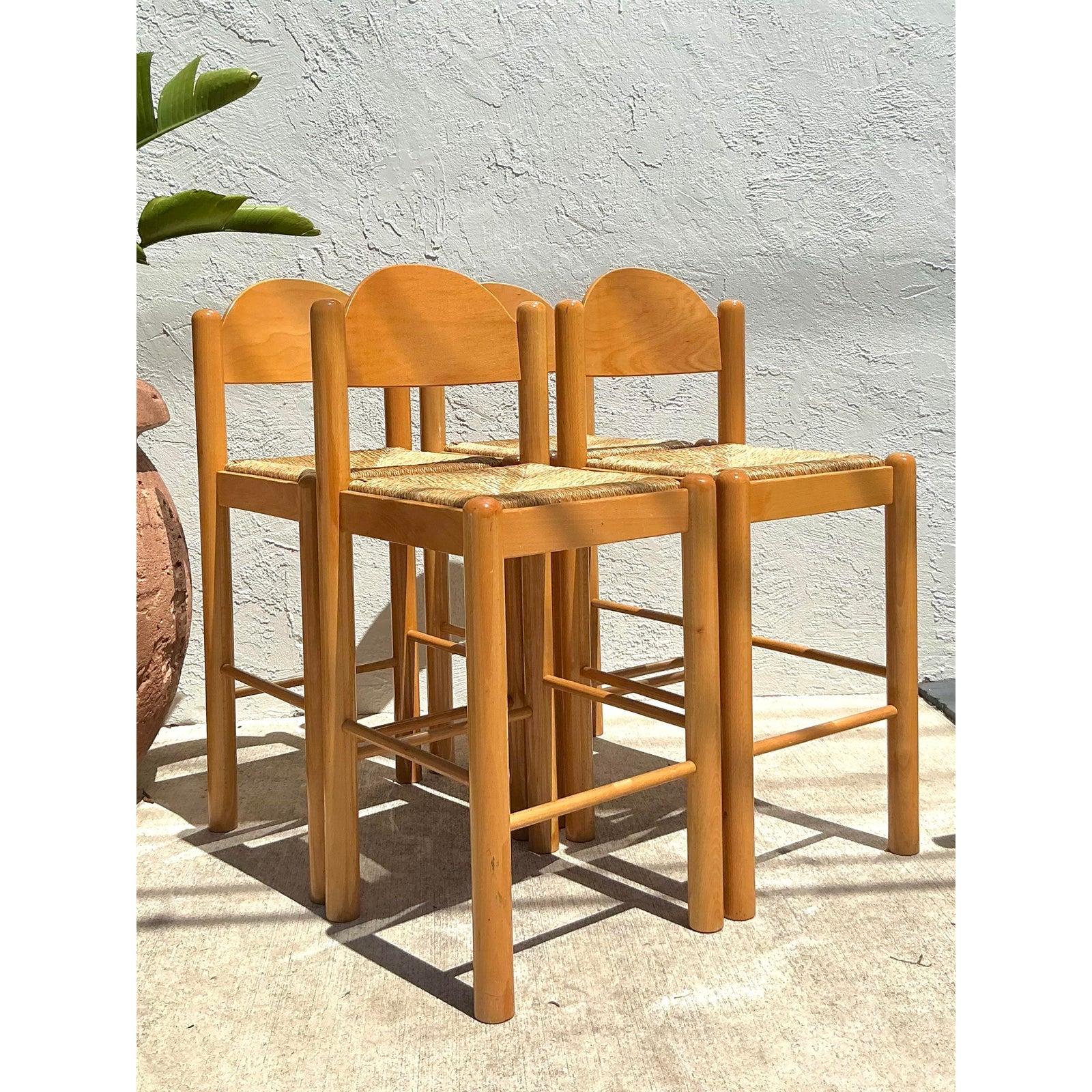 Vintage Boho Italian Rush Seat Padova Stools - Set of 4 For Sale 1