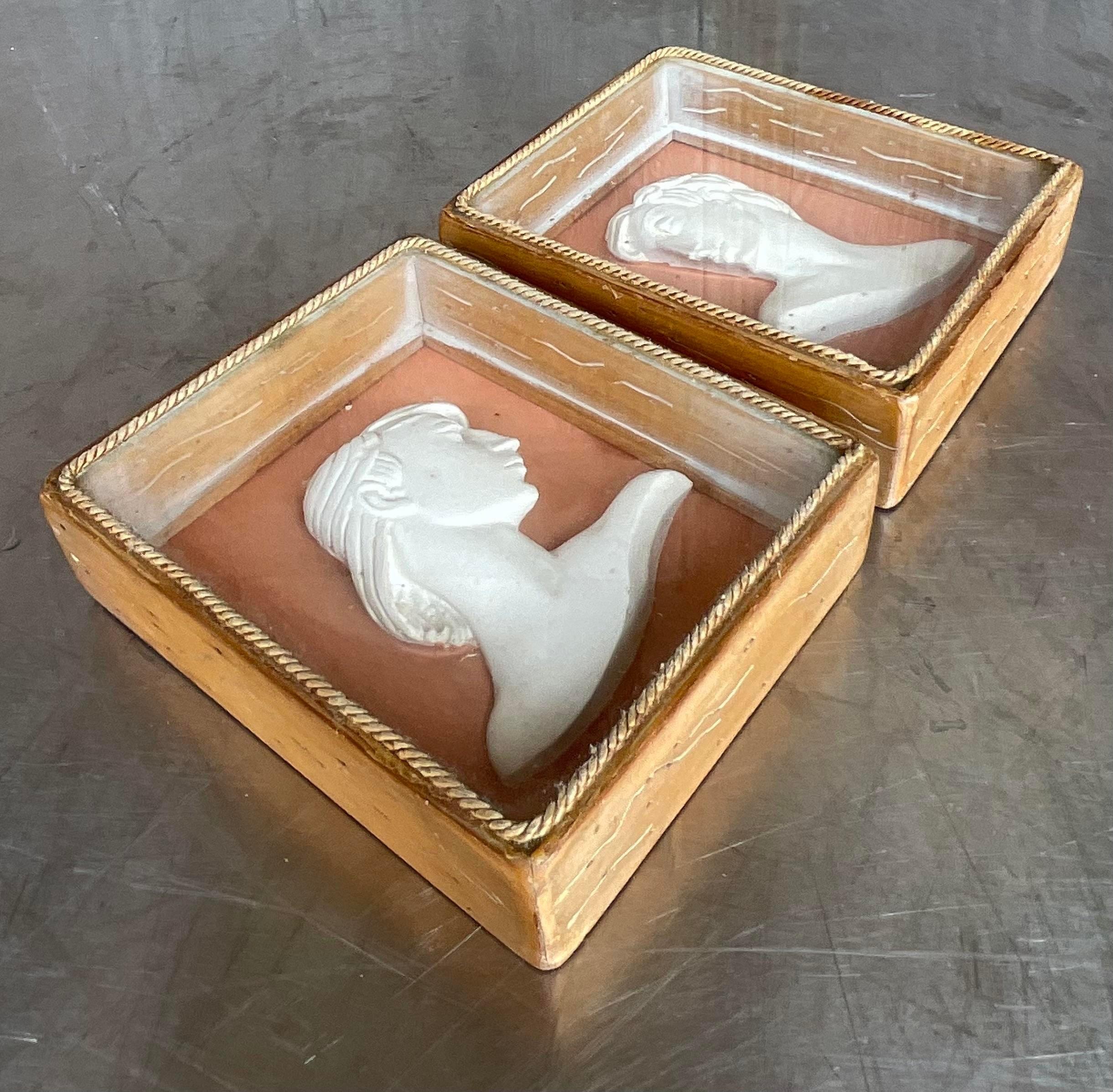 Vintage Boho Italian Shadowbox Porcelain Silhouettes - a Pair In Good Condition For Sale In west palm beach, FL