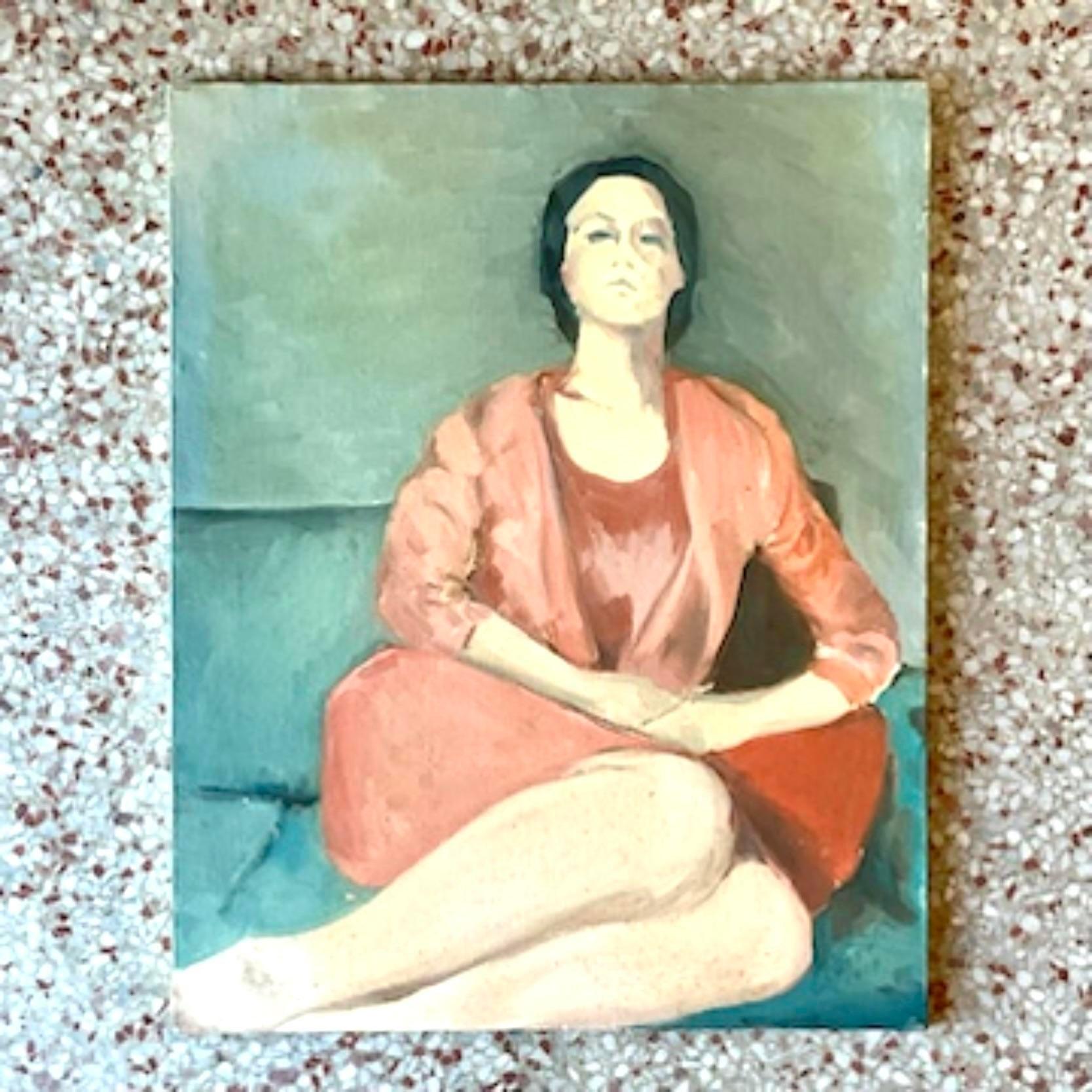 A fantastic vintage Boho 1960s original oil on canvas. A chic Abstract Figural composition of a woman in repose. A soft focus in muted colors. Really striking. Made in Italy. Signed and dated by the artist. Acquired from a Palm Beach estate.