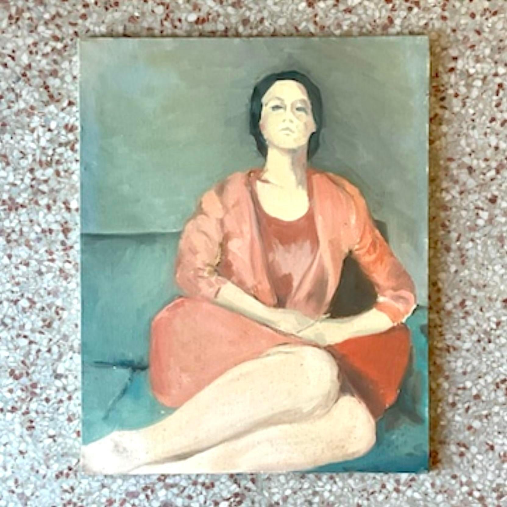 Bohemian Vintage Boho Italian Signed Abstract Figural Original Oil on Canvas For Sale