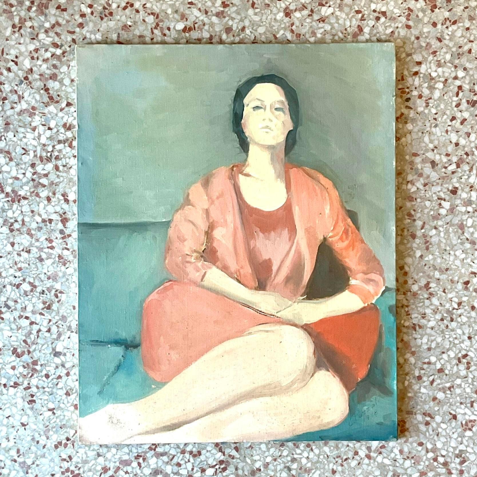 Vintage Boho Italian Signed Abstract Figural Original Oil on Canvas In Good Condition For Sale In west palm beach, FL