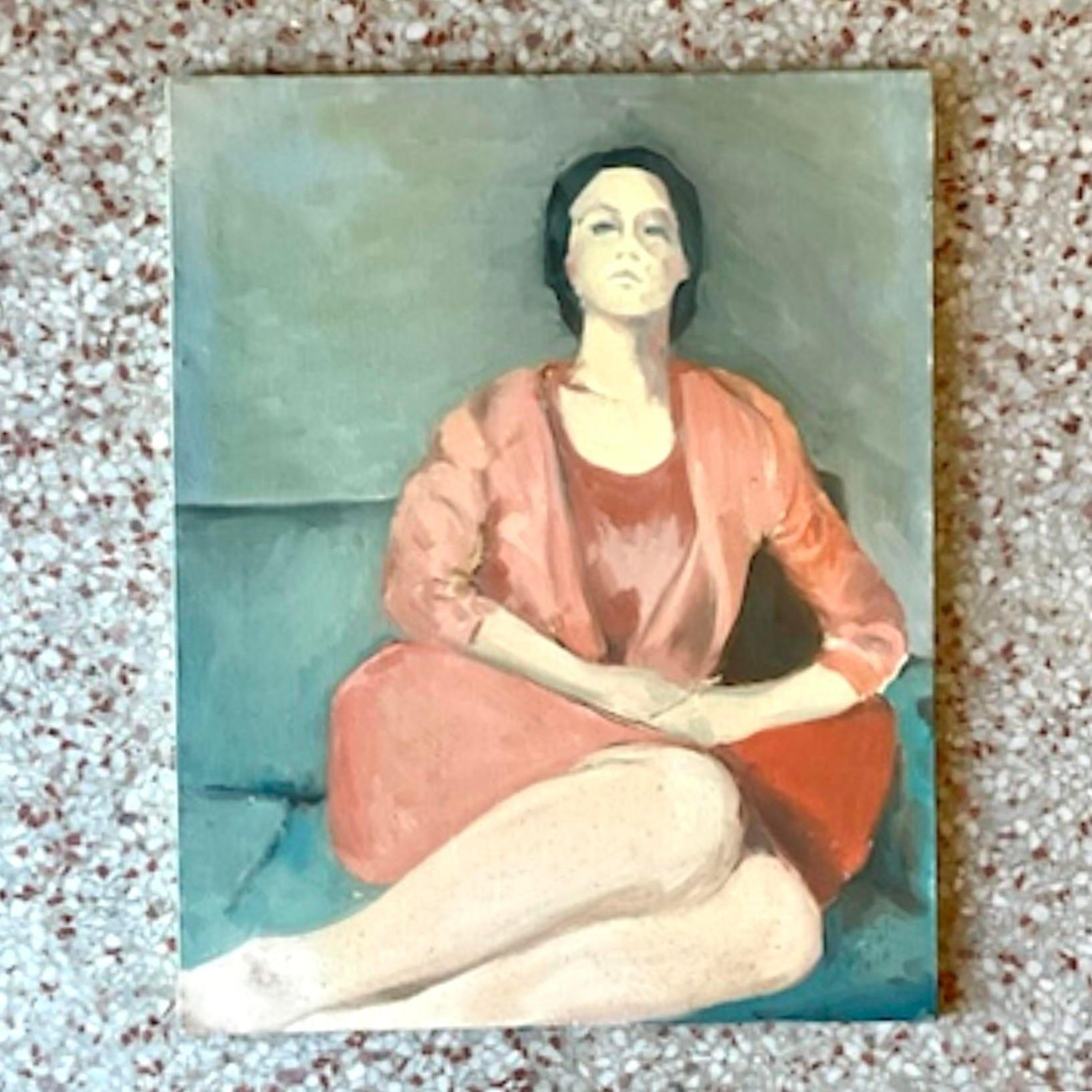 Vintage Boho Italian Signed Abstract Figural Original Oil on Canvas For Sale