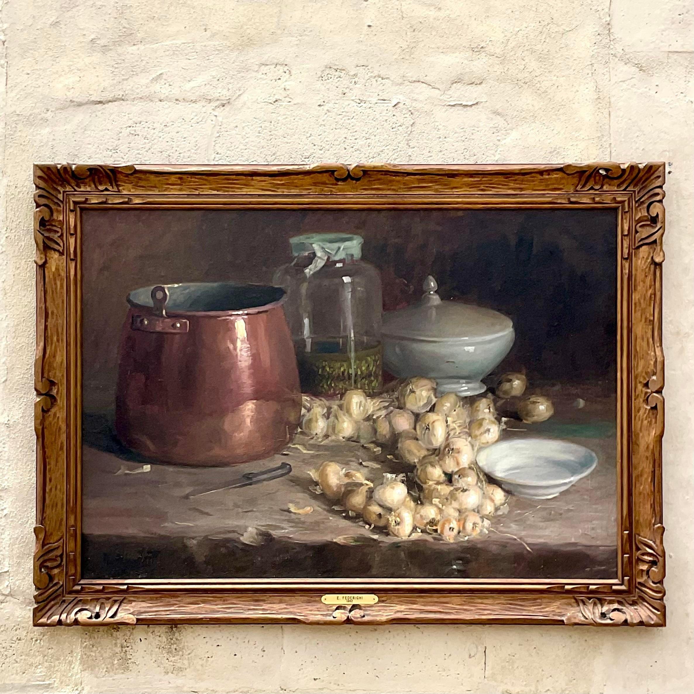 A striking vintage Boho original 1960s Italian oil on canvas. A chic still life in warm neutral tones with a subtle flash of green. Signed and dated by the artist. Acquired from a Palm Beach estate.