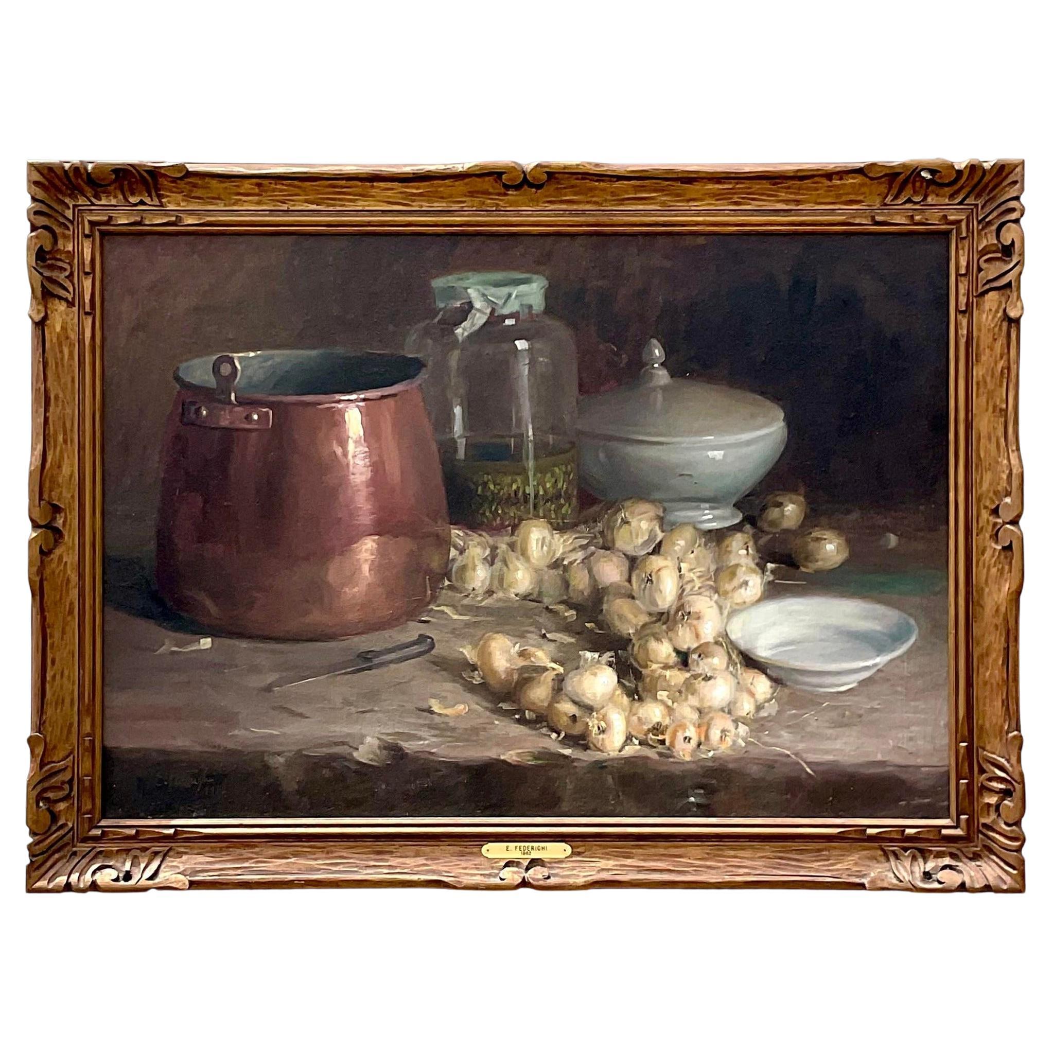 Vintage Boho Italian Signed Original Still Life Oil on Canvas For Sale