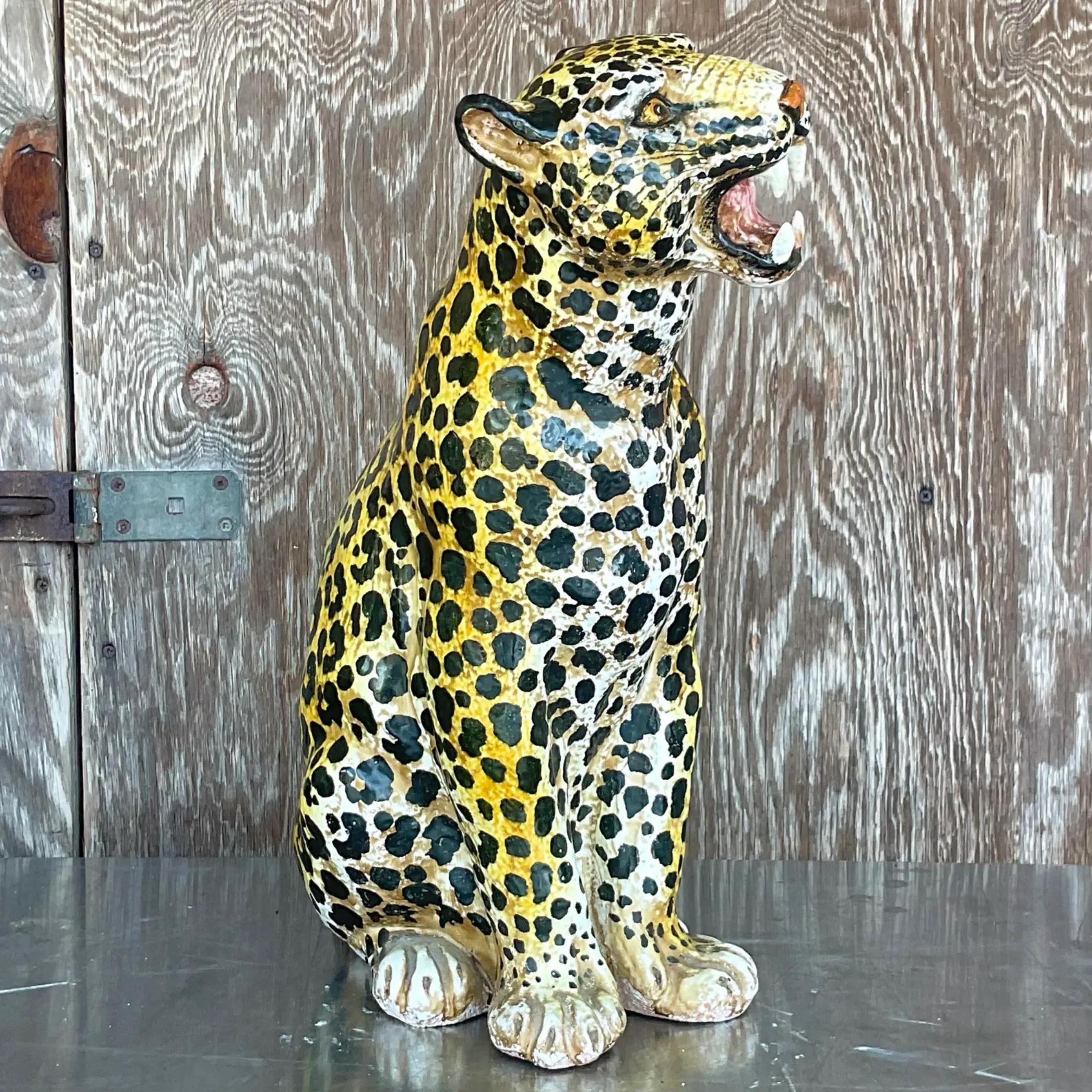 Bohemian Vintage Boho Italian Tagged Glazed Ceramic Leopard