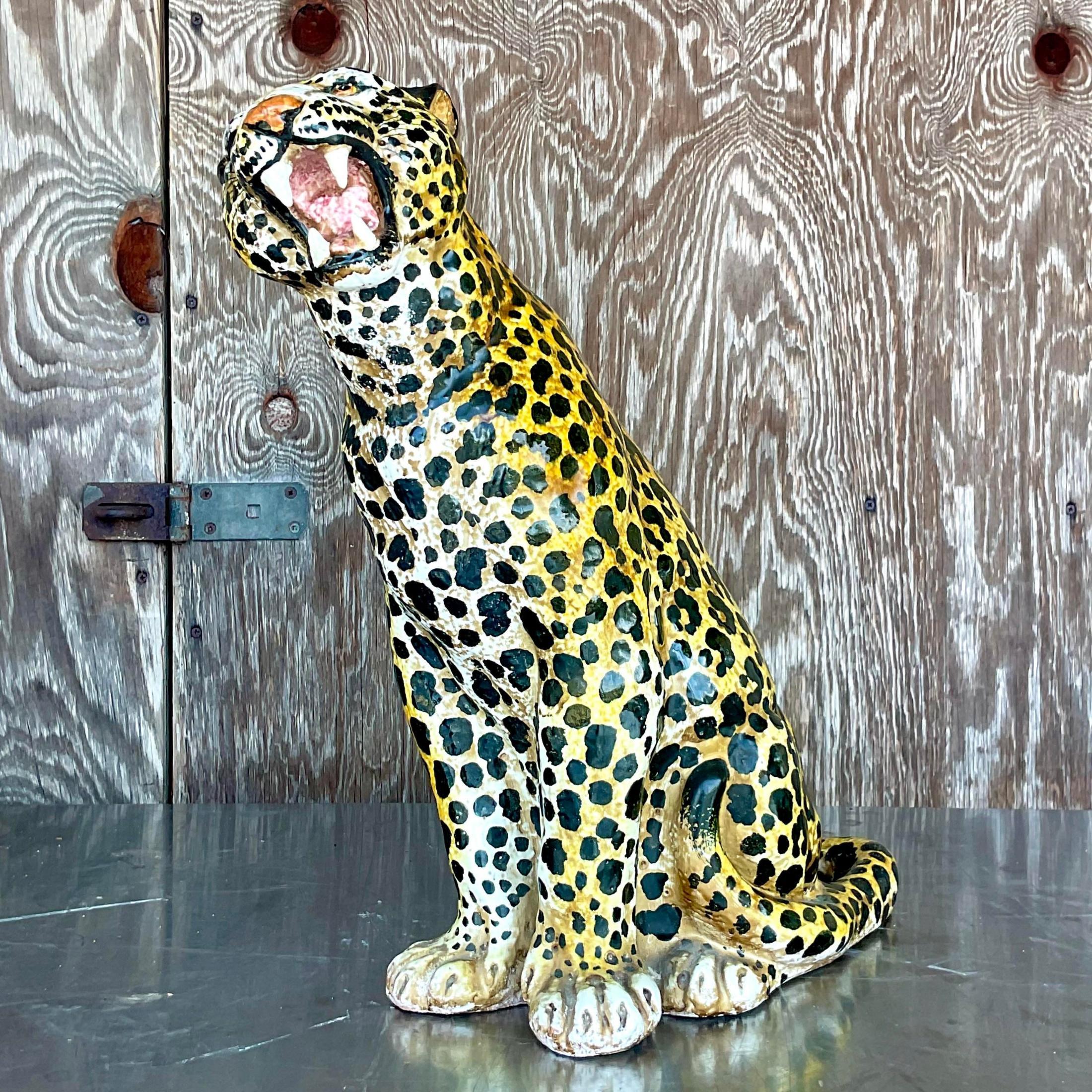 20th Century Vintage Boho Italian Tagged Glazed Ceramic Leopard