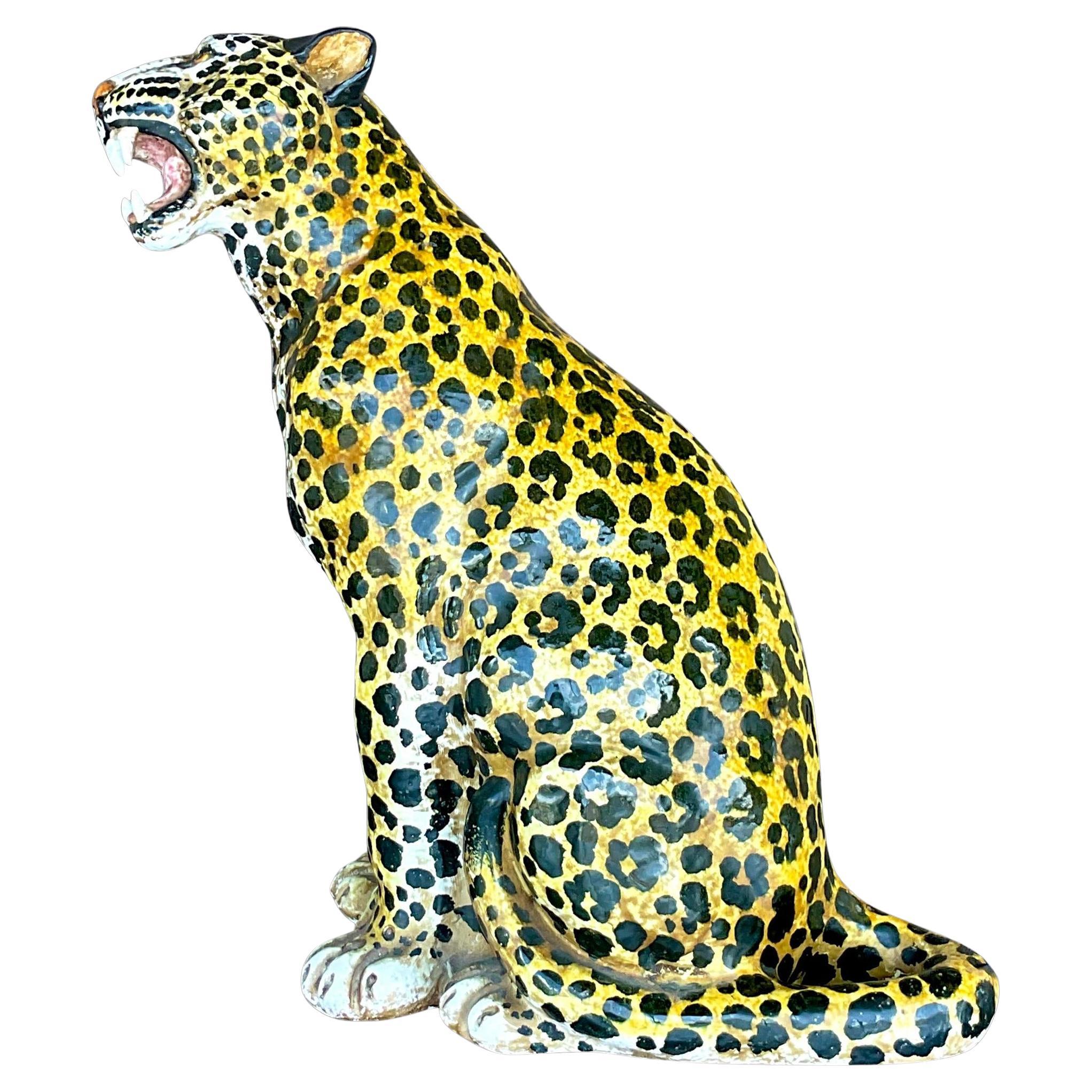 Leopardo de cerámica esmaltada con etiqueta italiana boho vintage