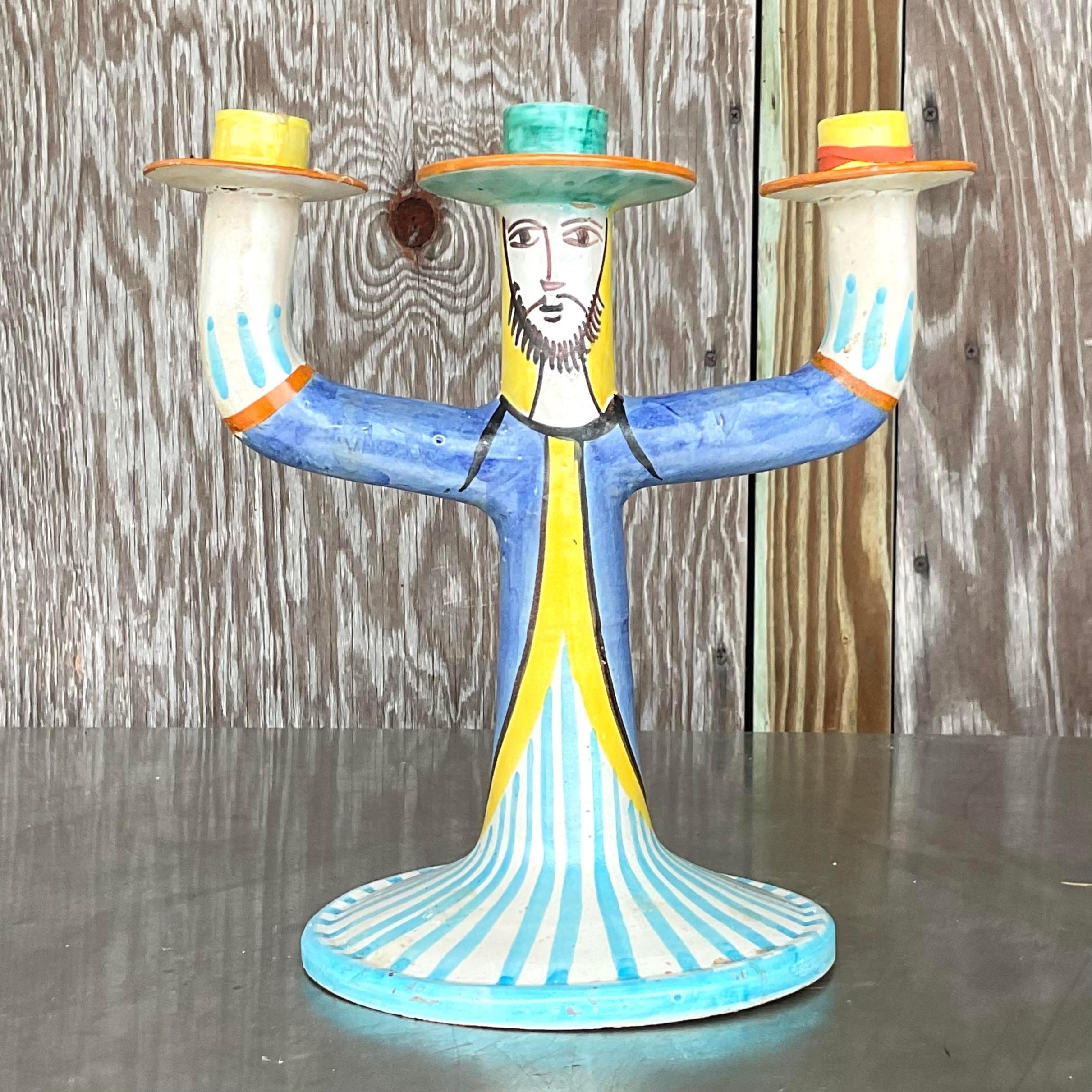 A fabulous vintage Boho candelabra. Hand painted in Italy by the iconic Vietri group. A beautiful Figural composition on both sides of the piece. Signed on the bottom. Acquired from a Palm Beach estate.