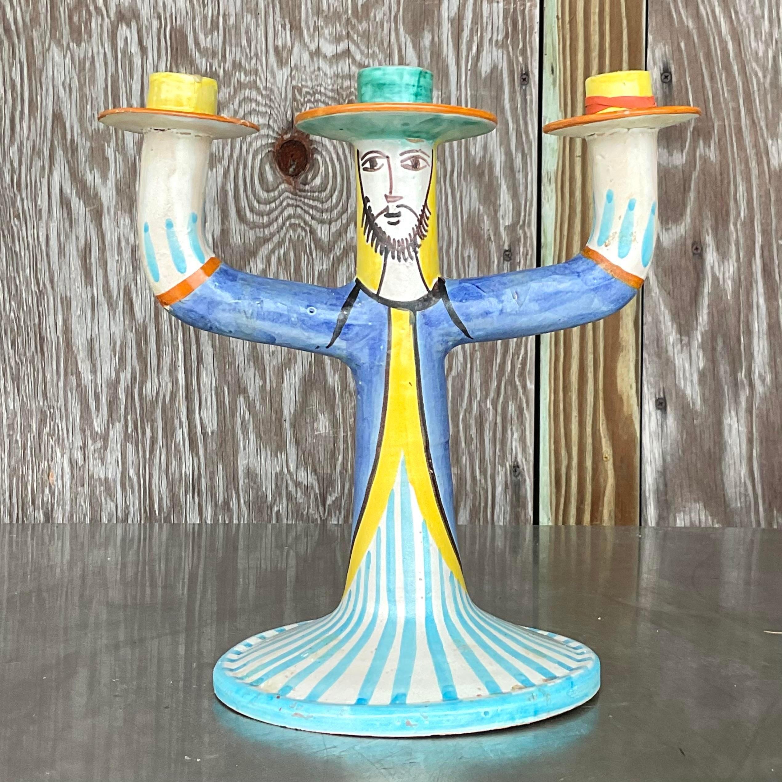 Vintage Boho Italian Vietri Hand Painted Figural Candelabra In Good Condition For Sale In west palm beach, FL