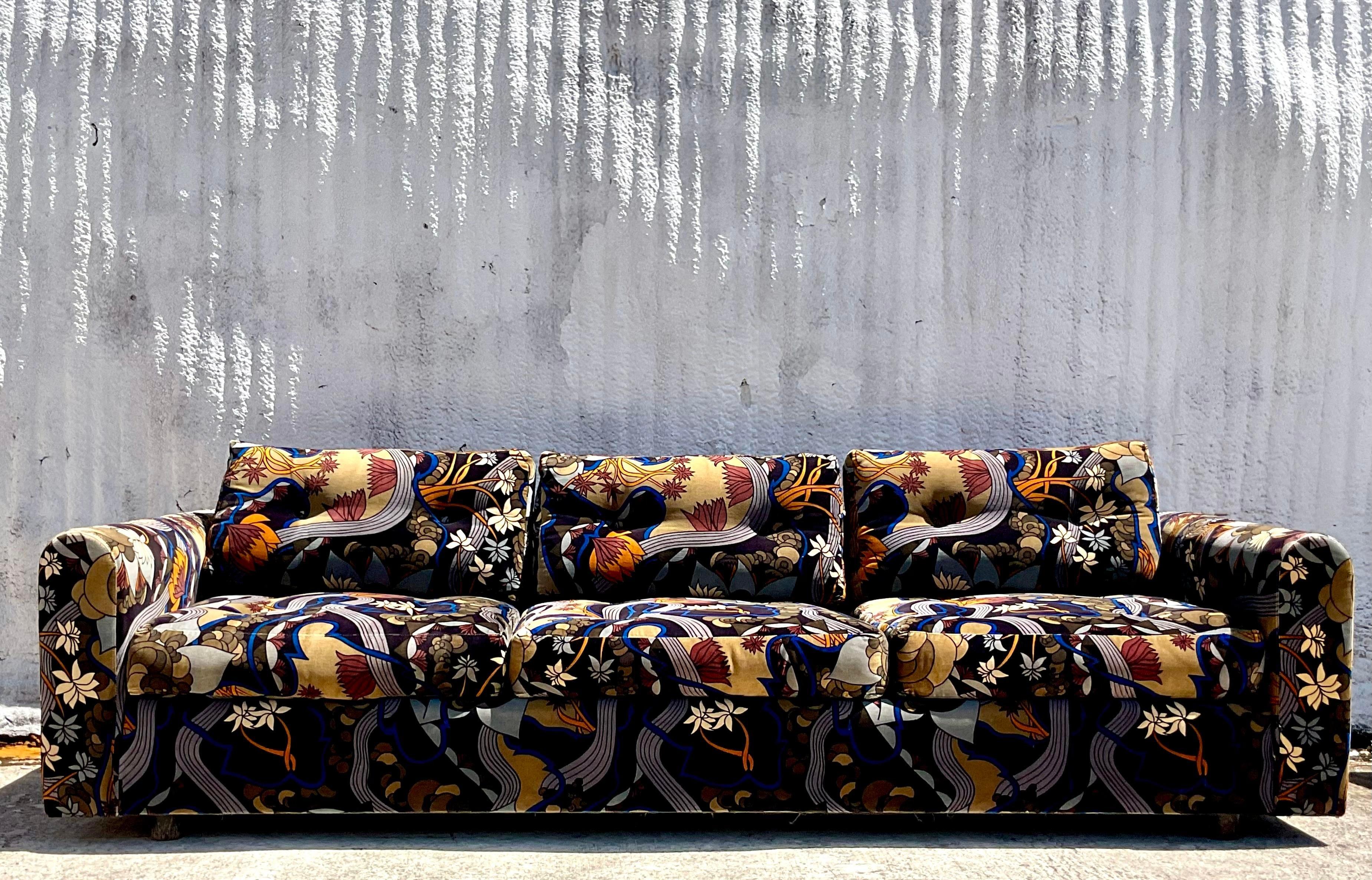 Vintage Boho Jack Lenor Larsen Mod Print Velvet Sofa In Good Condition For Sale In west palm beach, FL