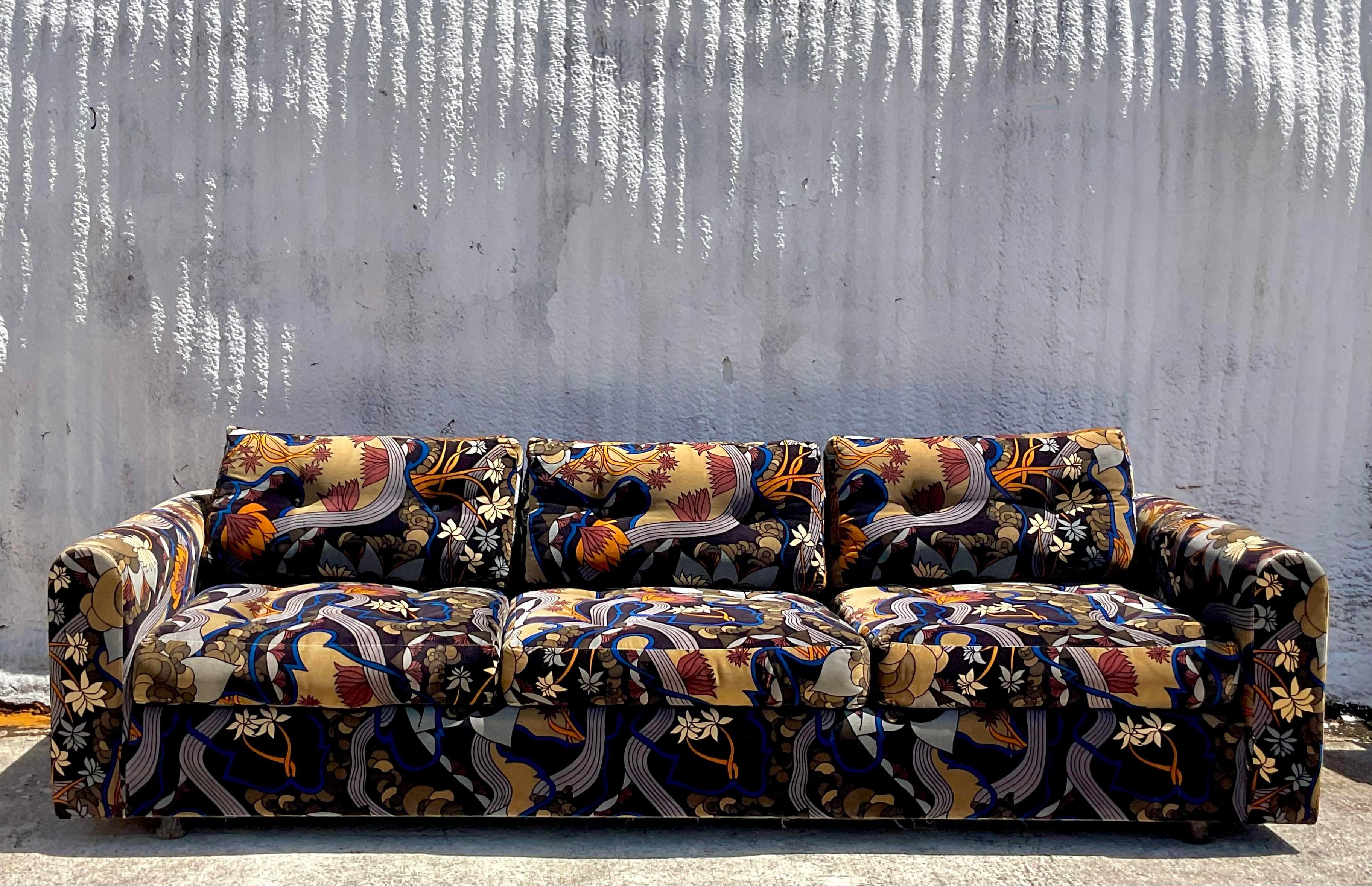 20th Century Vintage Boho Jack Lenor Larsen Mod Print Velvet Sofa