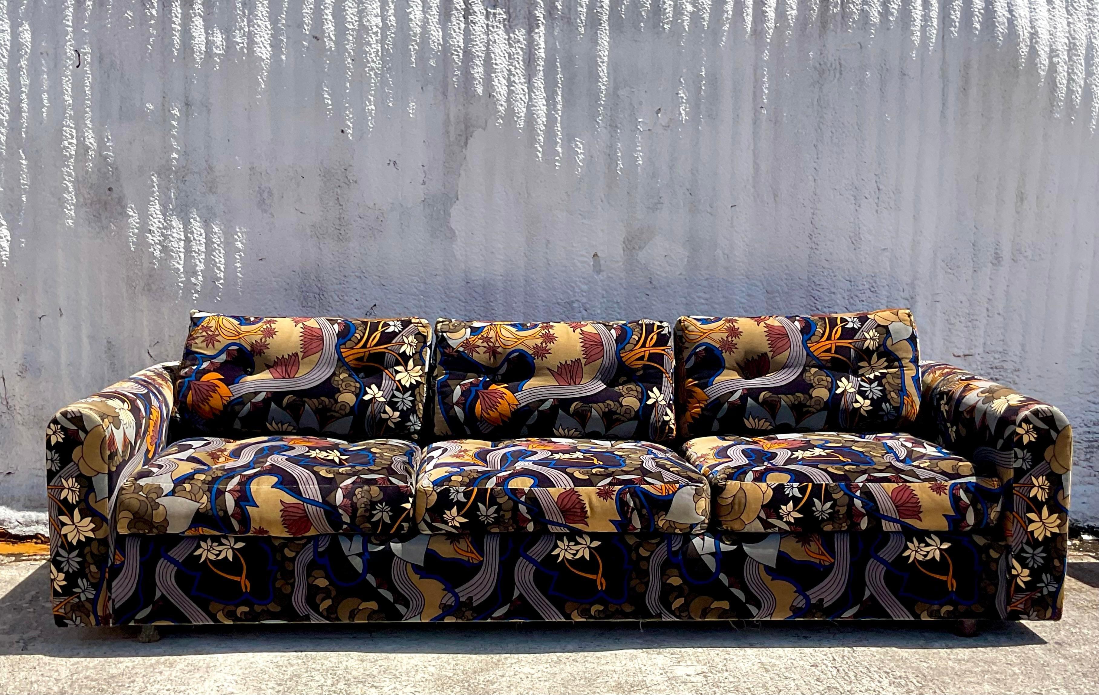 Upholstery Vintage Boho Jack Lenor Larsen Mod Print Velvet Sofa