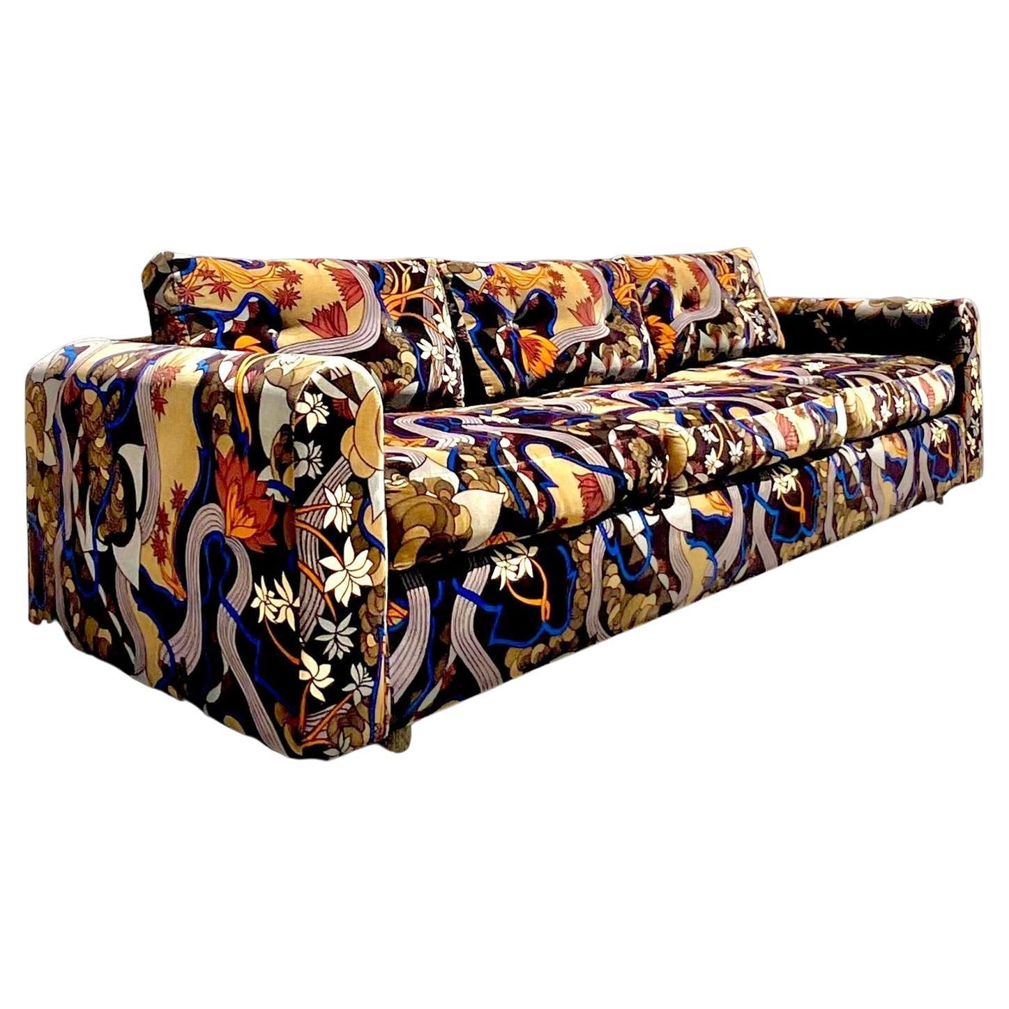 Vintage Boho Jack Lenor Larsen Mod Print Velvet Sofa For Sale