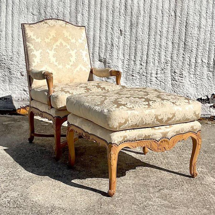 Regency Vintage Boho Jacquard Fleur De Lys Nailhead Chair and Ottoman For Sale