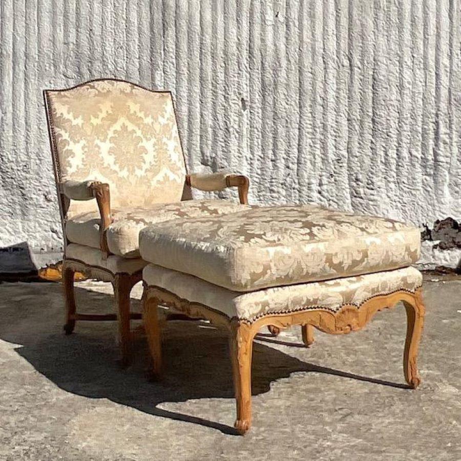 Vintage Boho Jacquard Fleur De Lys Nailhead Chair and Ottoman In Good Condition For Sale In west palm beach, FL