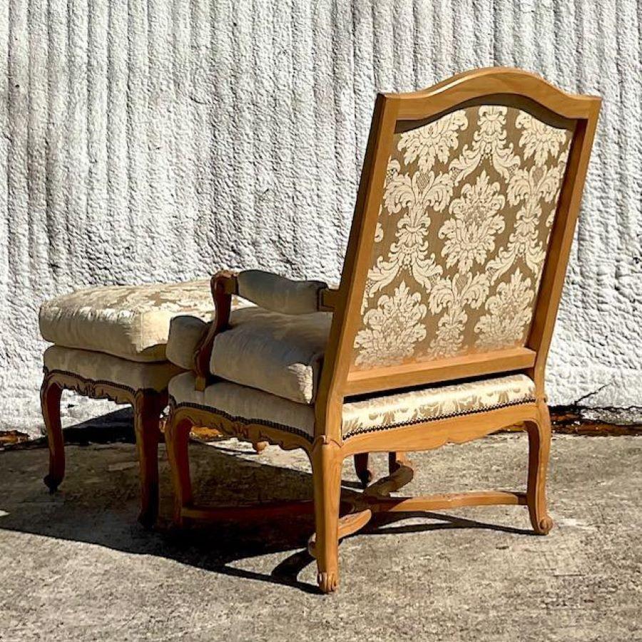 19th Century Vintage Boho Jacquard Fleur De Lys Nailhead Chair and Ottoman For Sale