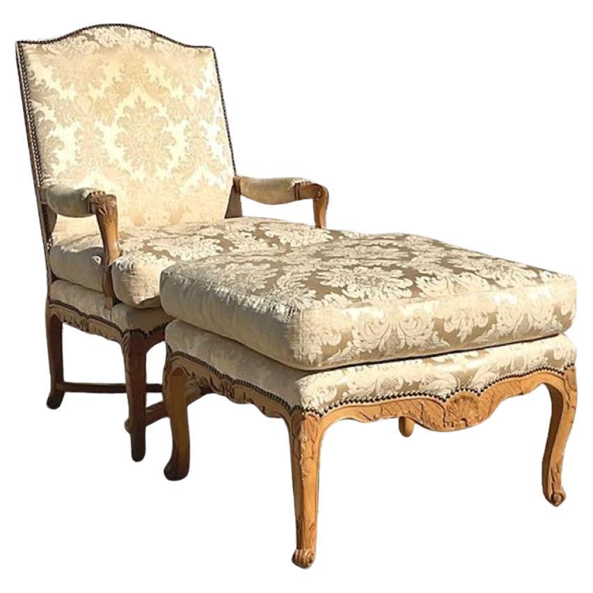 Vintage Boho Jacquard Fleur De Lys Nailhead Chair and Ottoman For Sale