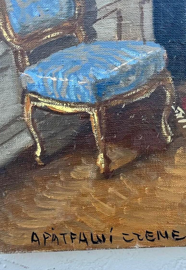 Ein beeindruckendes Original-Ölgemälde auf Leinwand im Vintage-Stil. Ein dramatisches Innenraumporträt in satten, kräftigen Farben. Schöne historische Details. Signiert vom Künstler. Erworben aus einem Nachlass in Palm Beach.