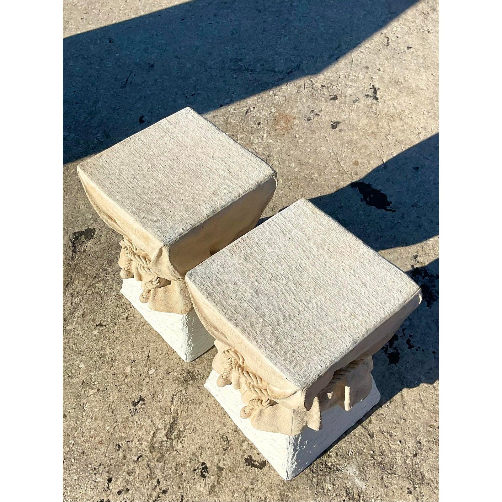 Vintage Boho John Dickinson Draped Plaster Side Tables, a Pair In Good Condition In west palm beach, FL