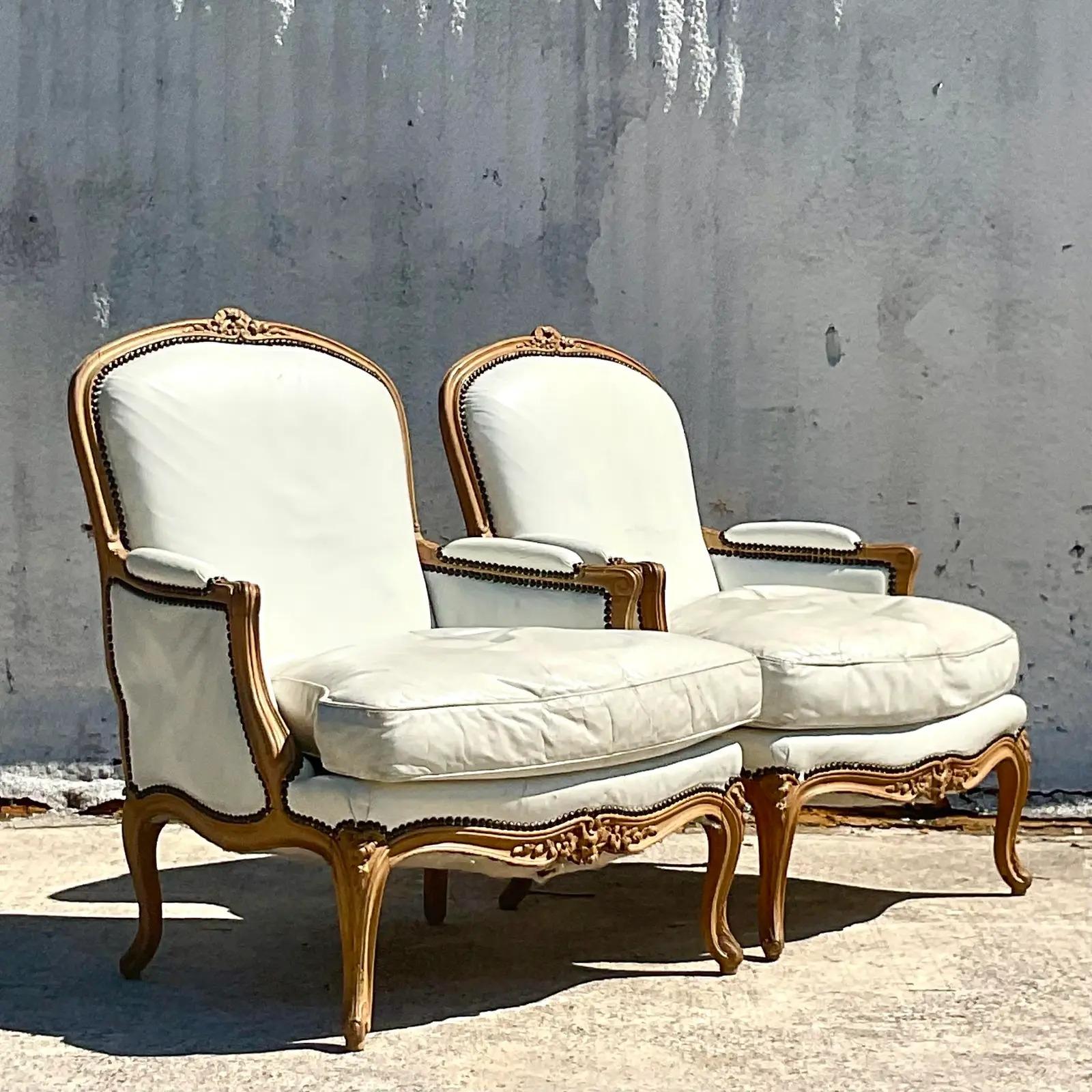 Vintage Boho John Dickinson White Leather Bergere Chairs - a Pair For Sale 5