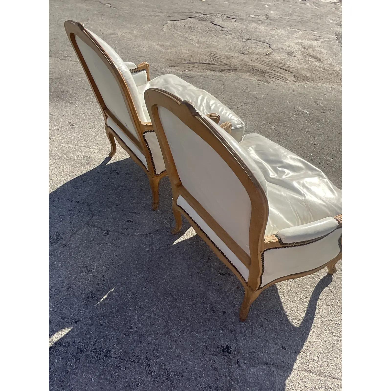 North American Vintage Boho John Dickinson White Leather Bergere Chairs - a Pair For Sale