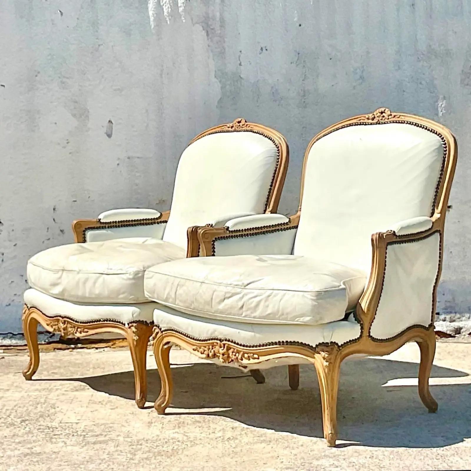 Vintage Boho John Dickinson White Leather Bergere Chairs - a Pair In Good Condition For Sale In west palm beach, FL