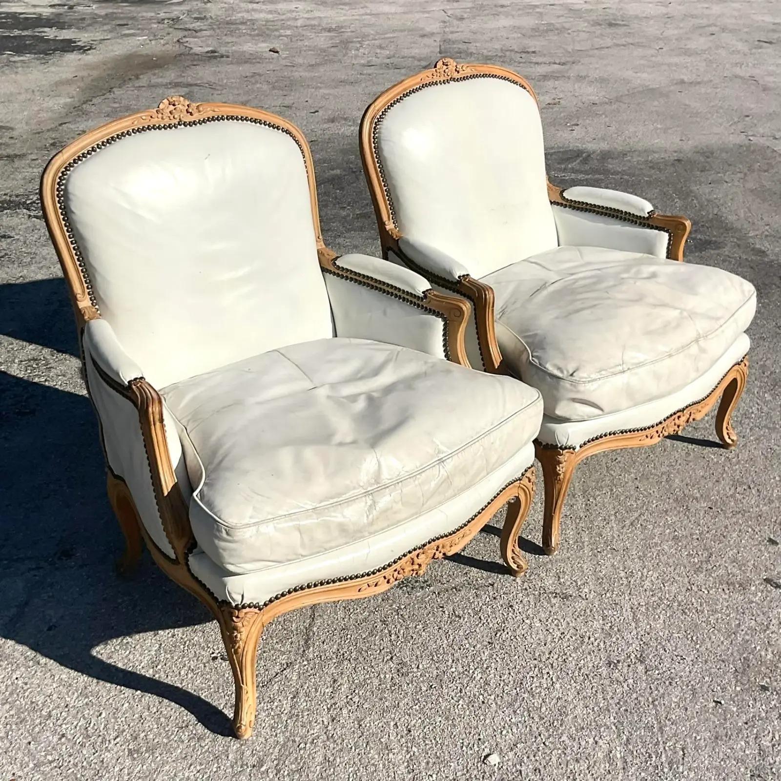 Vintage Boho John Dickinson White Leather Bergere Chairs - a Pair For Sale 1