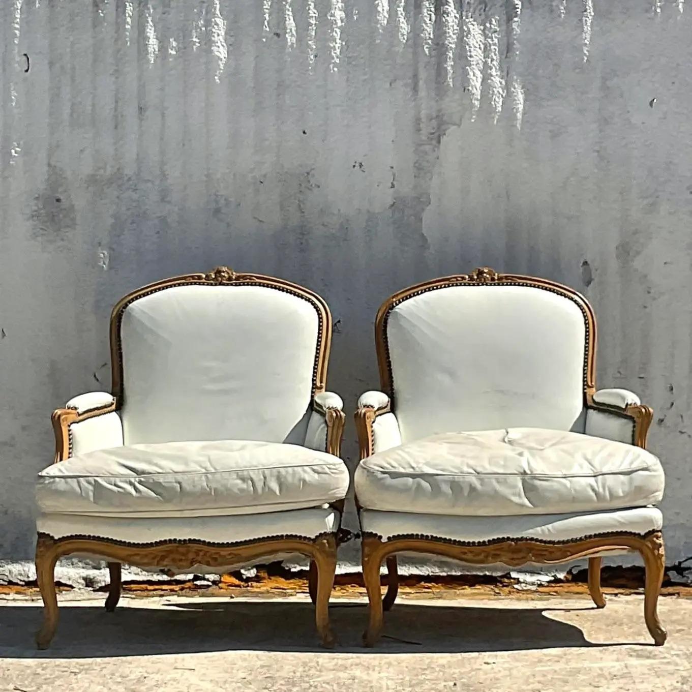 Vintage Boho John Dickinson White Leather Bergere Chairs - a Pair For Sale 3