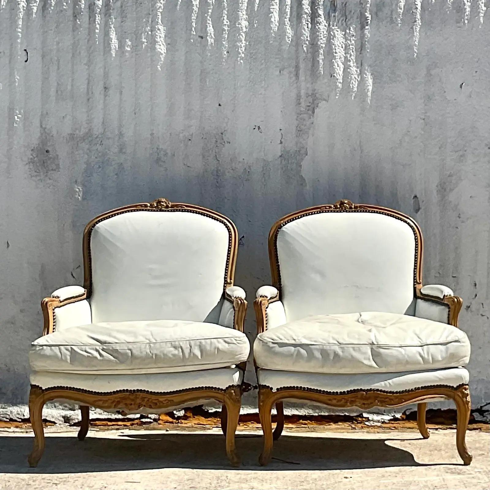 Vintage Boho John Dickinson White Leather Bergere Chairs - a Pair For Sale 4