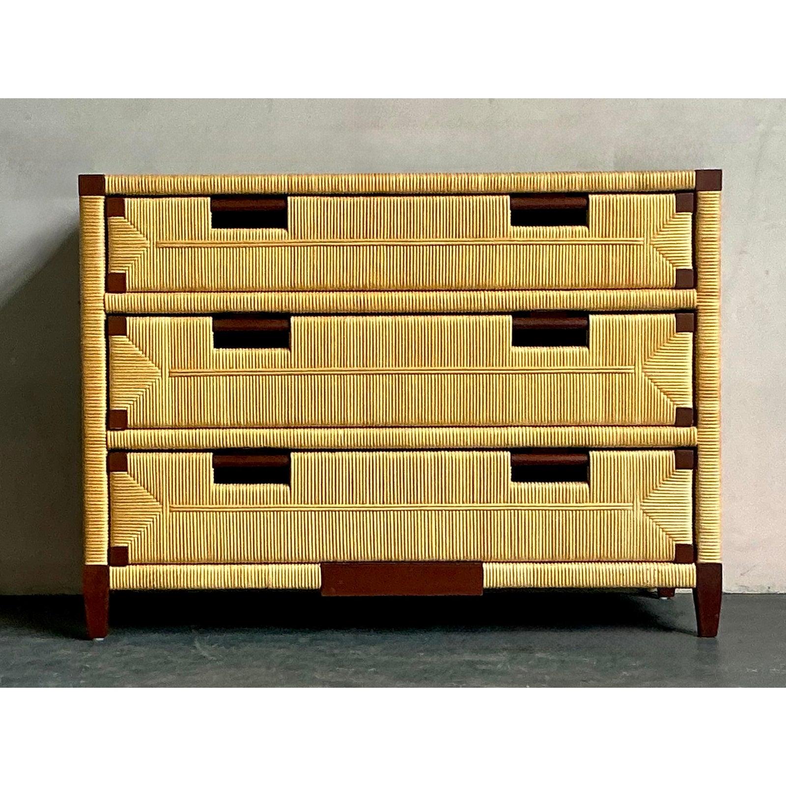 Hollywood Regency Vintage Boho John Hutton for Donghia Mahogany and Rattan Commode For Sale