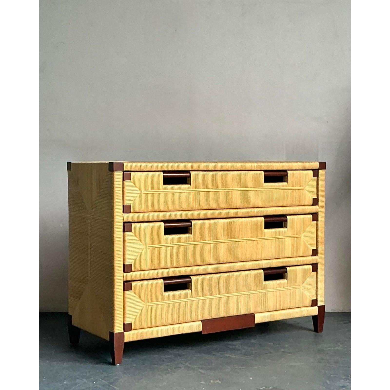 20th Century Vintage Boho John Hutton for Donghia Mahogany and Rattan Commode For Sale