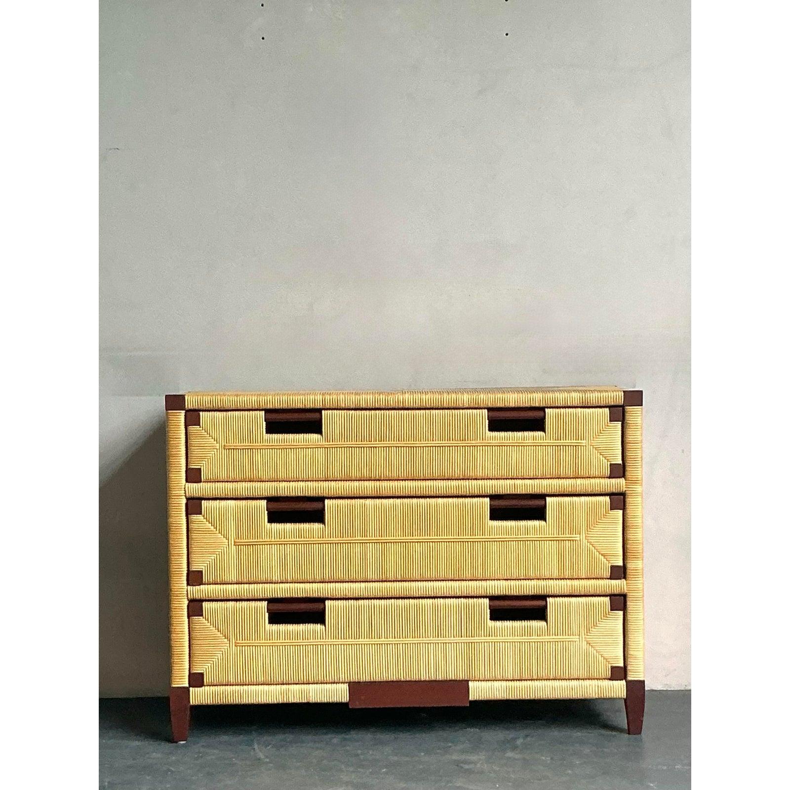 Vintage Boho John Hutton for Donghia Mahogany and Rattan Commode For Sale 1
