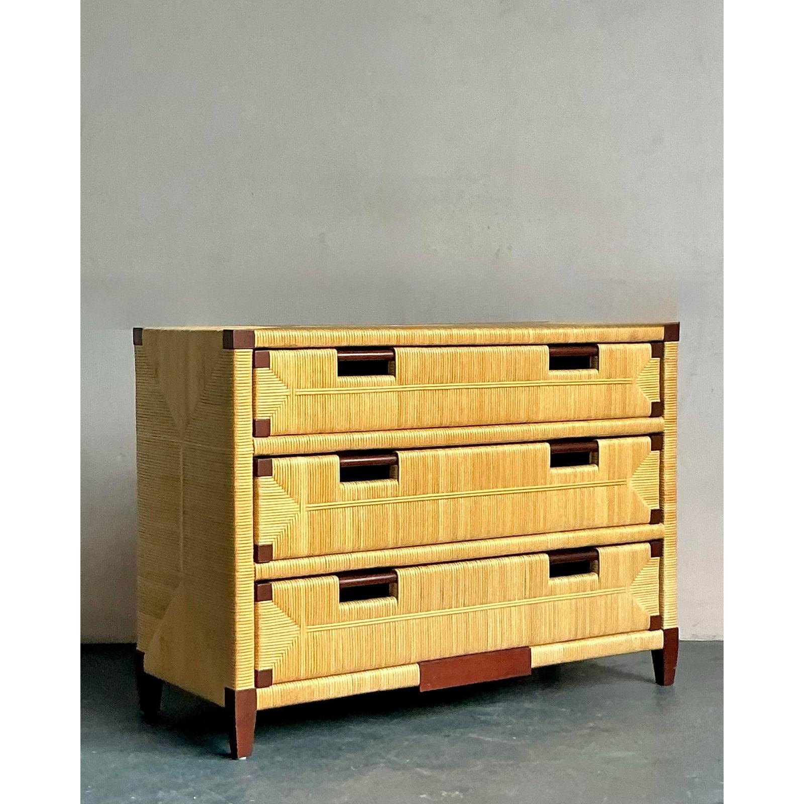 Vintage Boho John Hutton for Donghia Mahogany and Rattan Commode For Sale 2