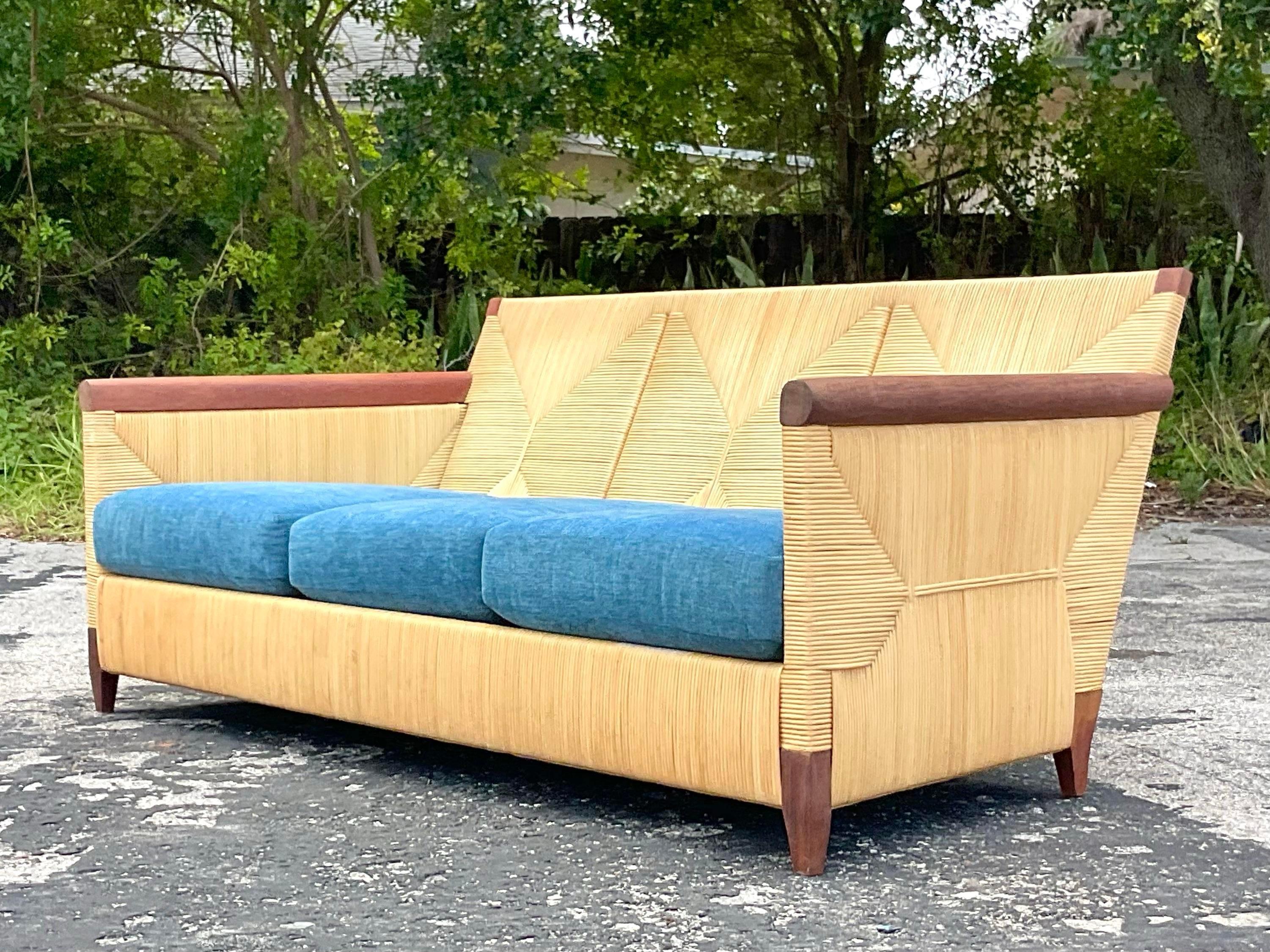 Haitian Vintage Boho John Hutton for Donghia “Merbau” Rush Sofa For Sale