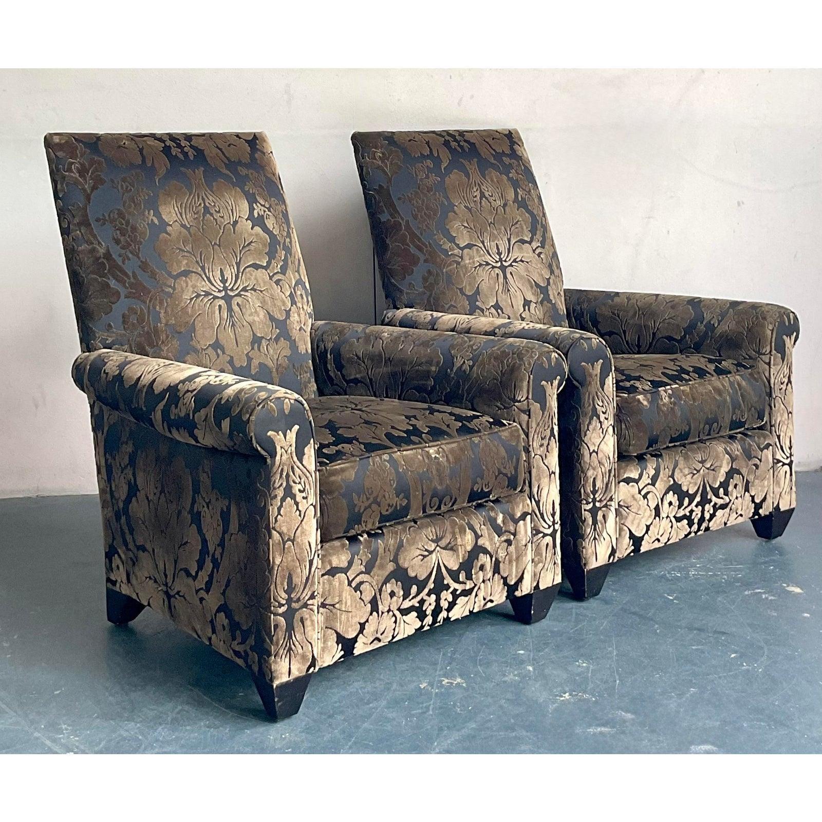 Vintage Boho John Hutton for Donghia Silk Devore Lounge Chairs - A Pair For Sale 4