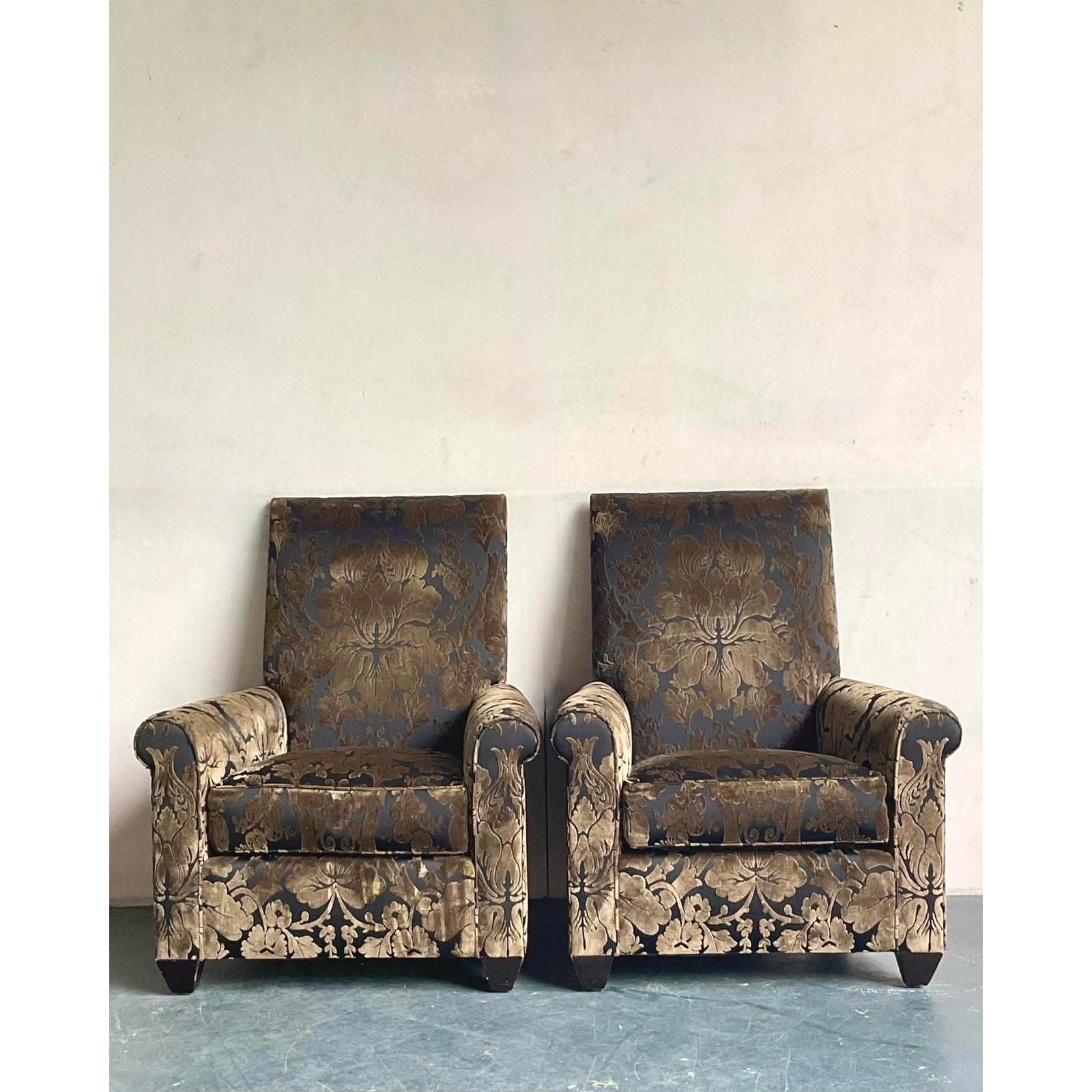 Art Deco Vintage Boho John Hutton for Donghia Silk Devore Lounge Chairs - A Pair For Sale