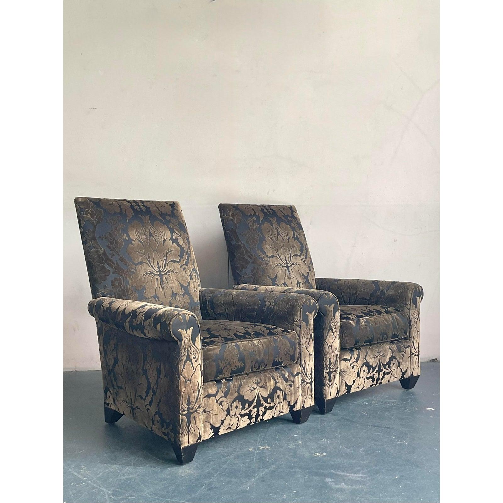 Vintage Boho John Hutton for Donghia Silk Devore Lounge Chairs - A Pair In Good Condition For Sale In West Palm Beach, FL