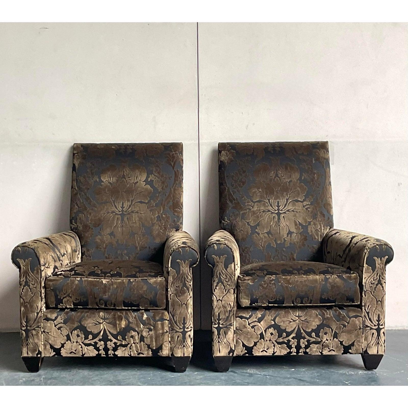 Vintage Boho John Hutton for Donghia Silk Devore Lounge Chairs - A Pair For Sale 1