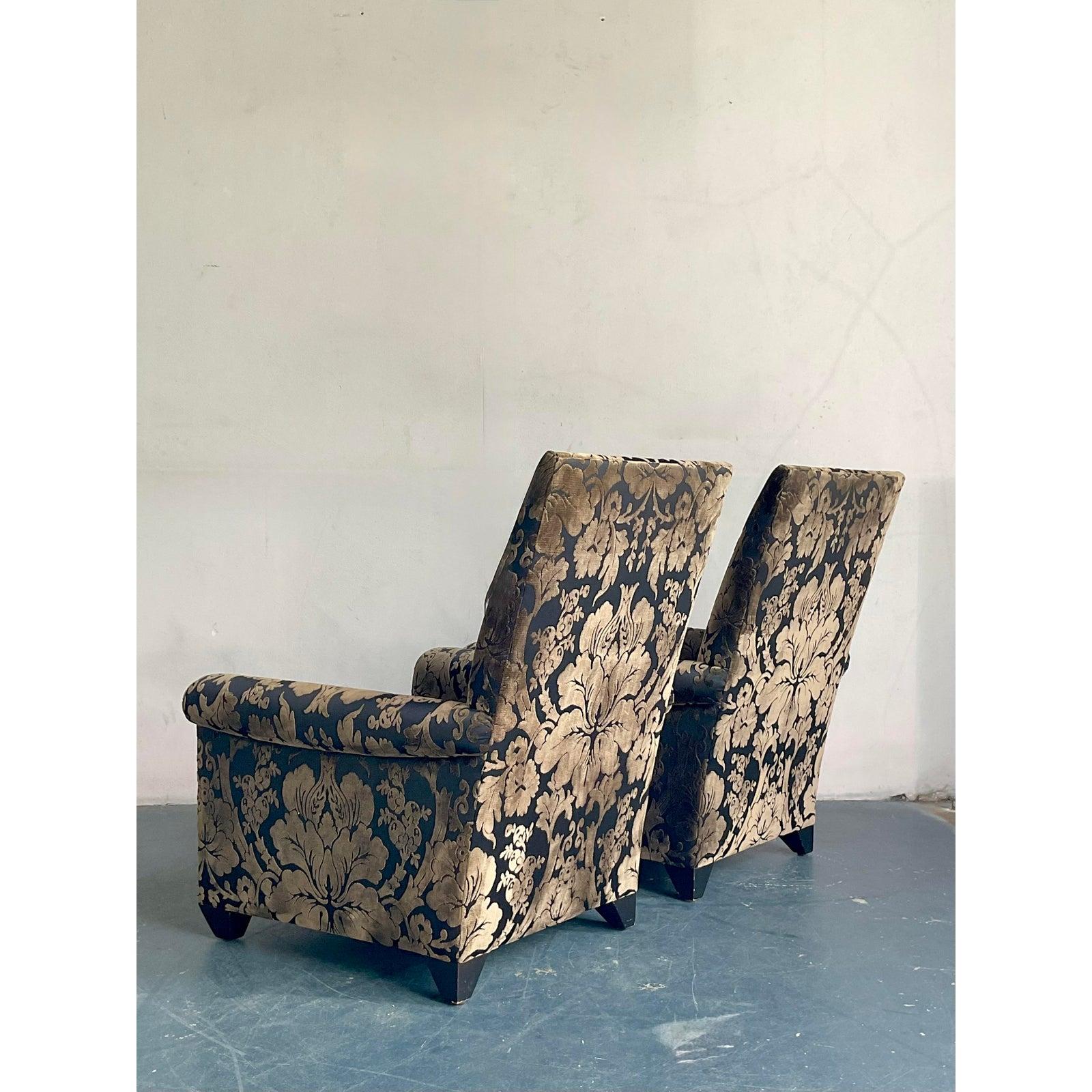 Vintage Boho John Hutton for Donghia Silk Devore Lounge Chairs - A Pair For Sale 3