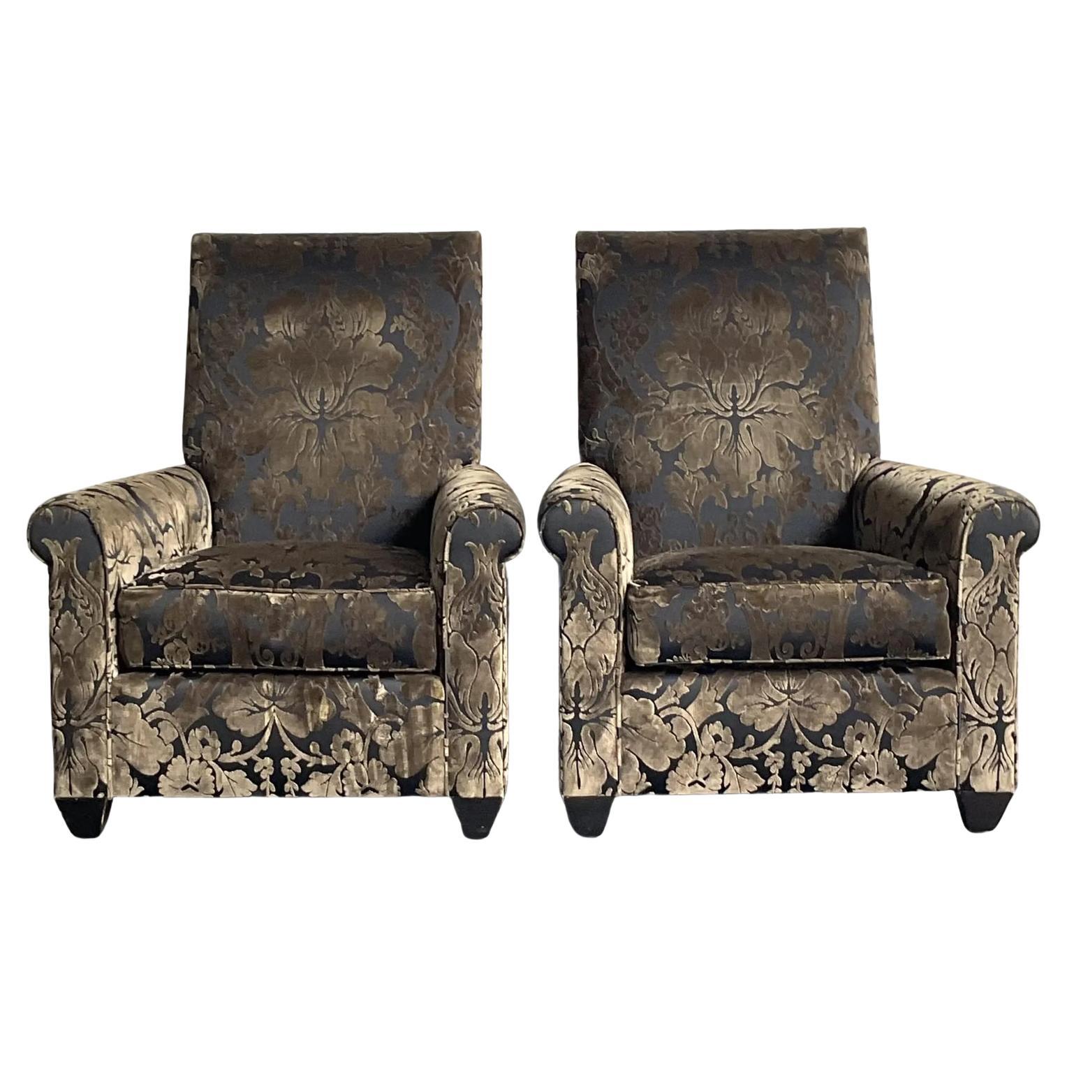 Vintage Boho John Hutton for Donghia Silk Devore Lounge Chairs - A Pair For Sale
