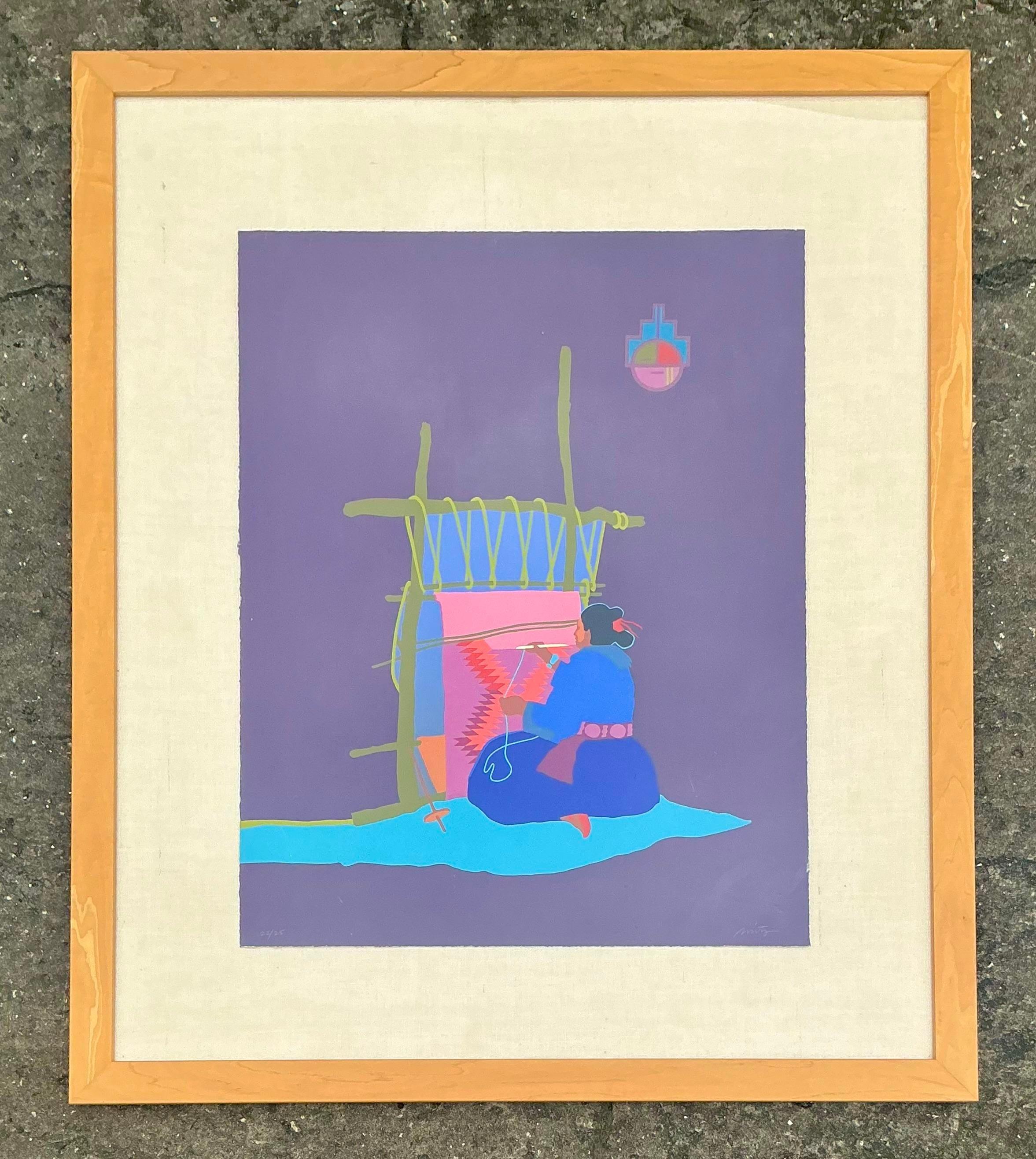 Verleihen Sie Ihrem Raum einen Hauch von Farbe und kultureller Kunstfertigkeit mit dieser atemberaubenden signierten Vintage Boho John Nieto Lithographie. Das Werk zeigt eine lebendige Darstellung eines traditionellen Webers, die durch die für Nieto