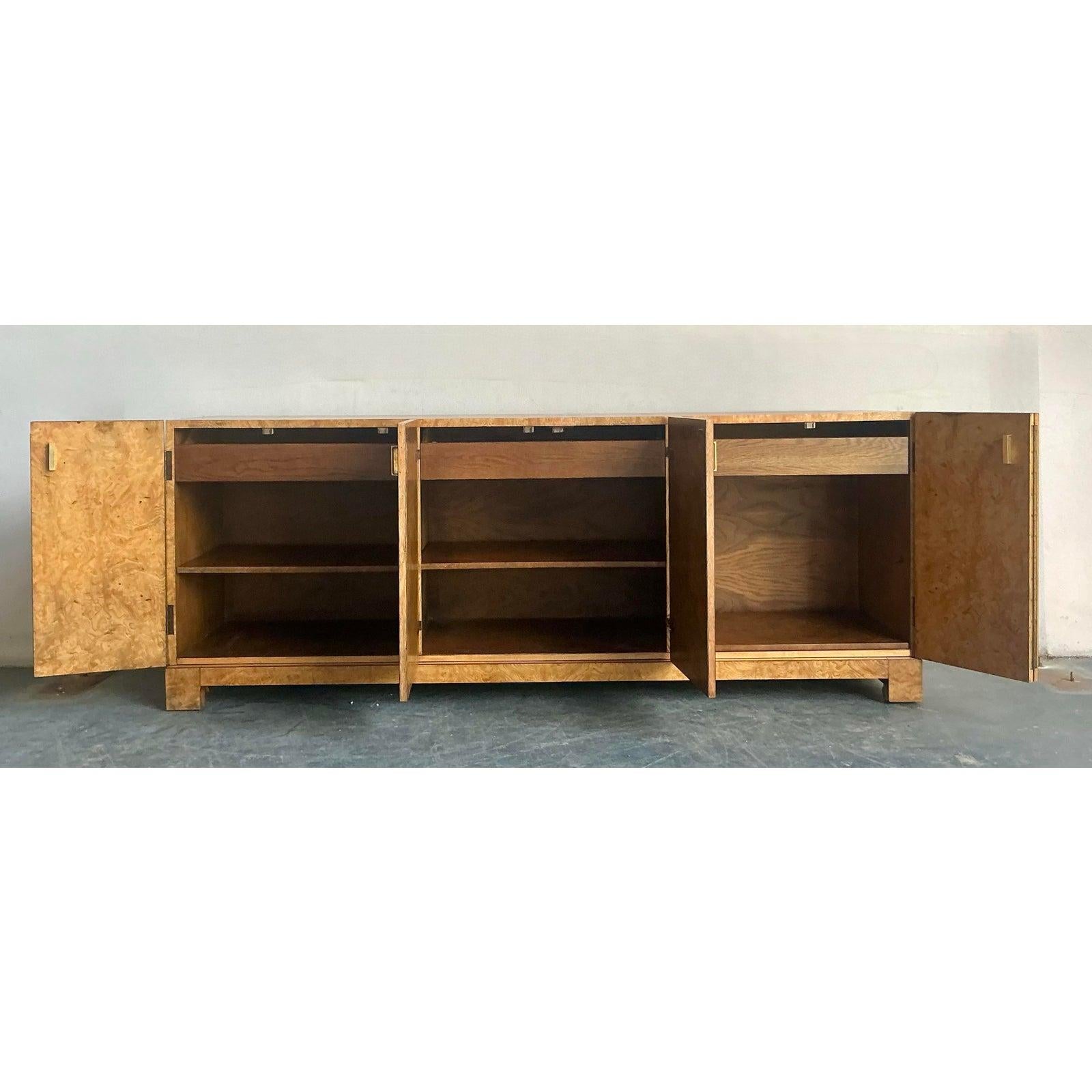 Metal Vintage Boho John Widdicomb Burl Wood Credenza For Sale
