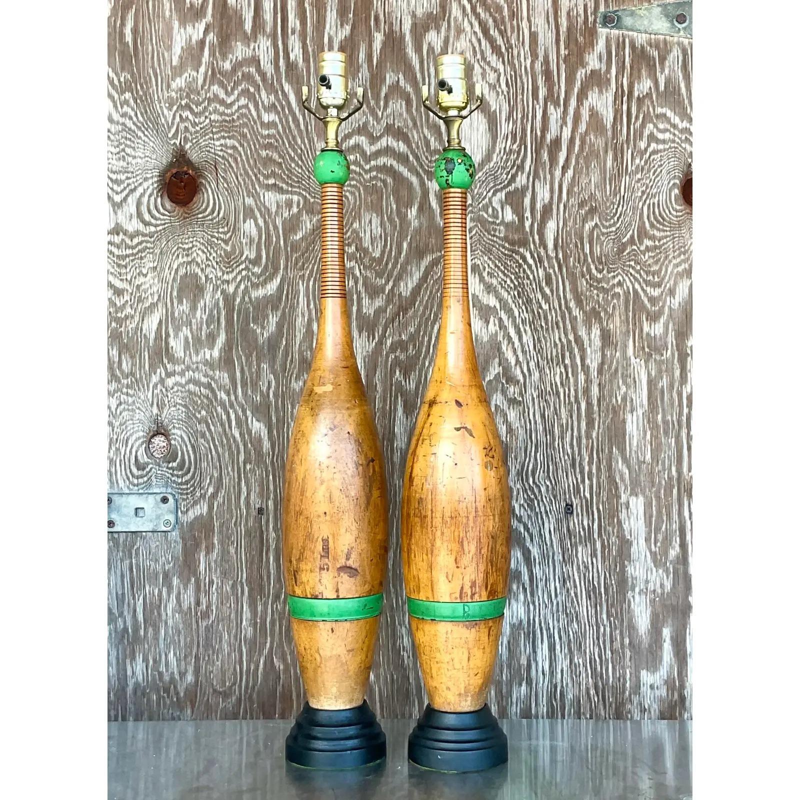 Vintage Boho Juggling Pin Table Lamps, a Pair In Good Condition In west palm beach, FL