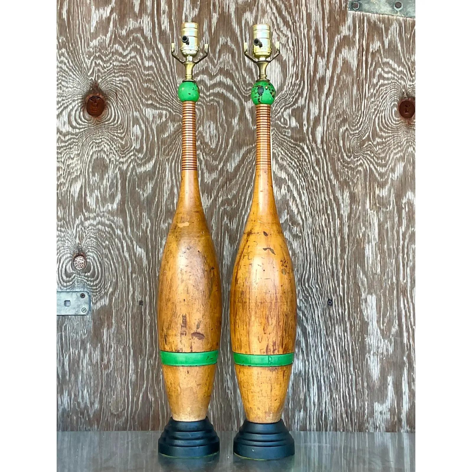 20th Century Vintage Boho Juggling Pin Table Lamps, a Pair