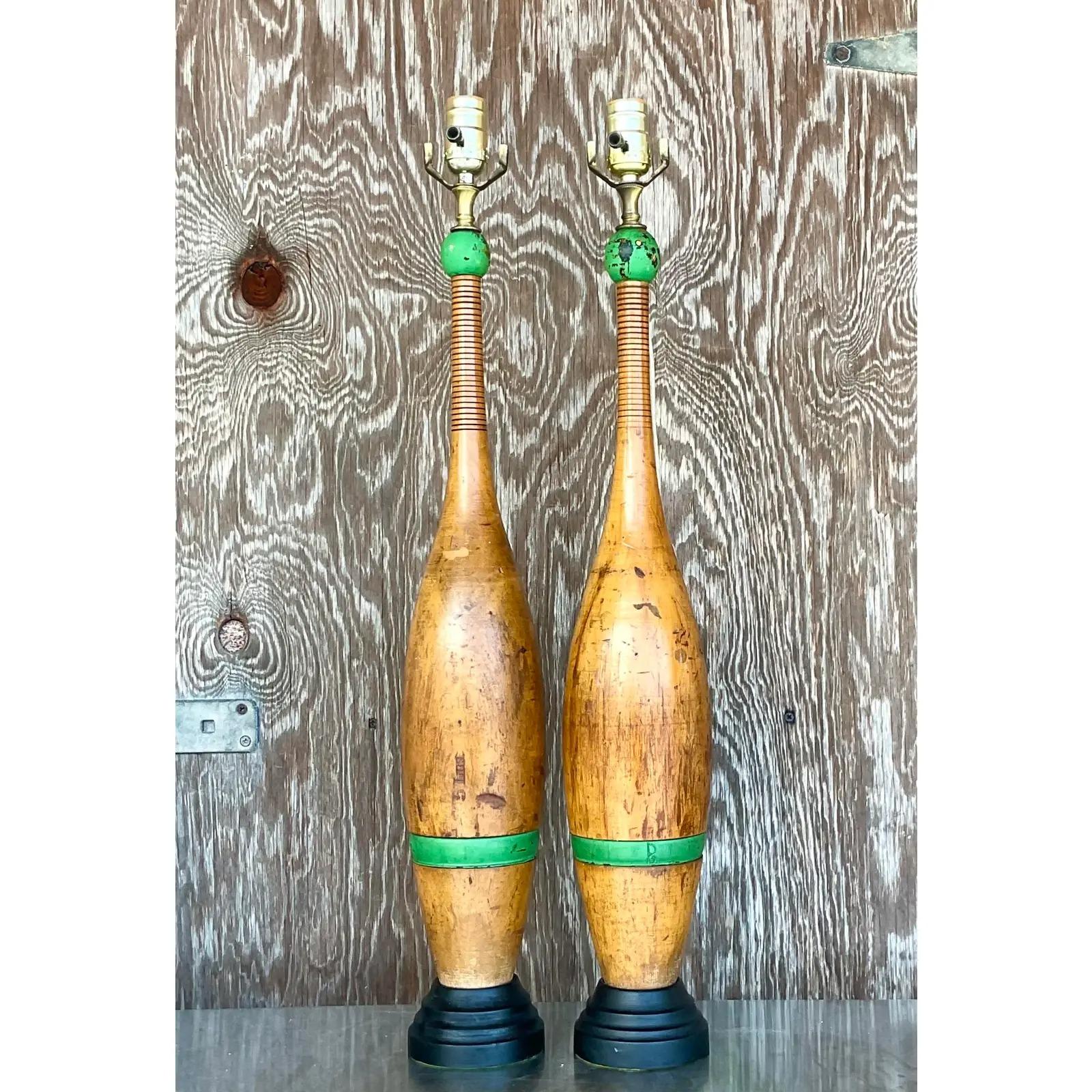 Wood Vintage Boho Juggling Pin Table Lamps, a Pair