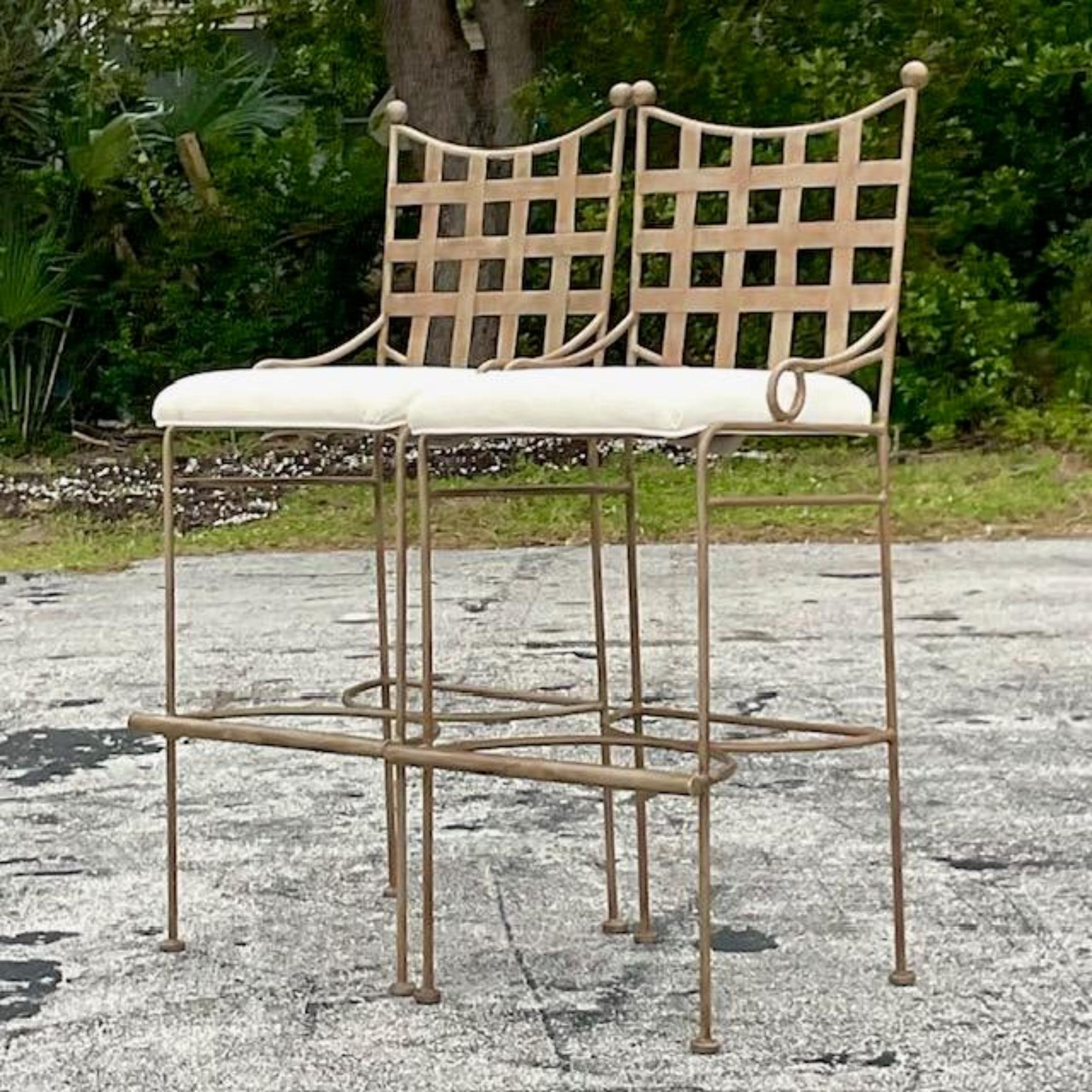 A fabulous pair of vintage Coastal outdoor bar stools. Made by the iconic Kessler group and tagged under the seat. Perfect outdoors or indoors. You decide! Coordinating table and chairs also available on my Chairish page. Acquired from a Palm Beach