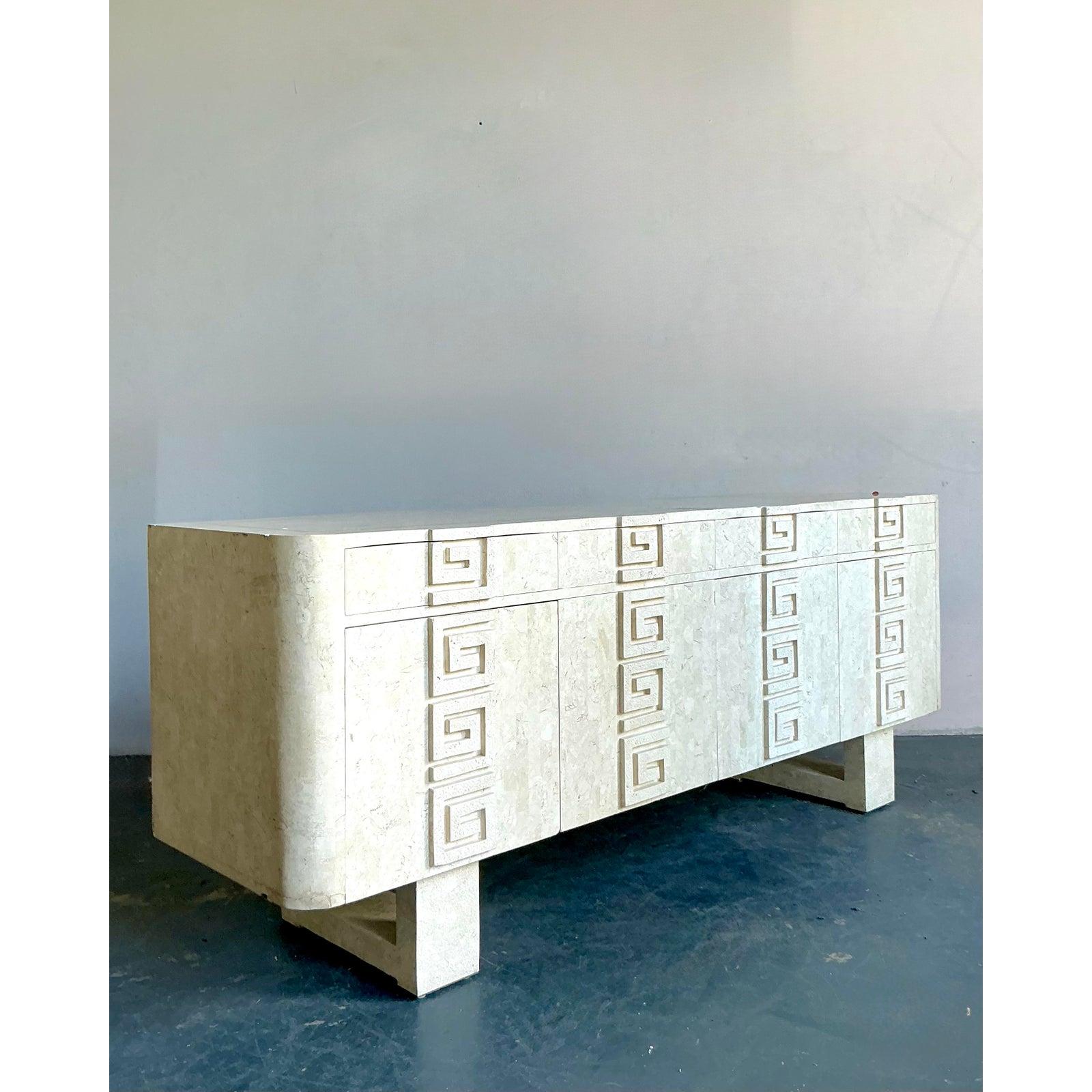 Vintage Boho Kittenger Greek Key Stone Credenza For Sale 6