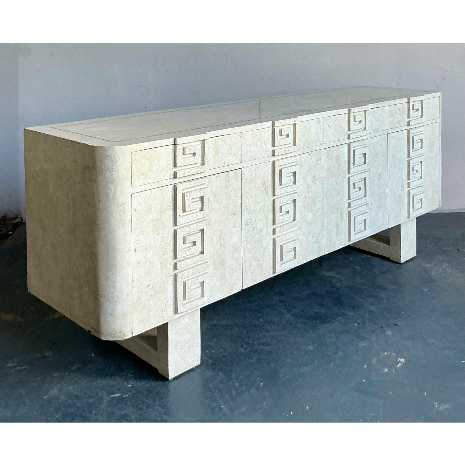 Hollywood Regency Vintage Boho Kittenger Greek Key Stone Credenza For Sale