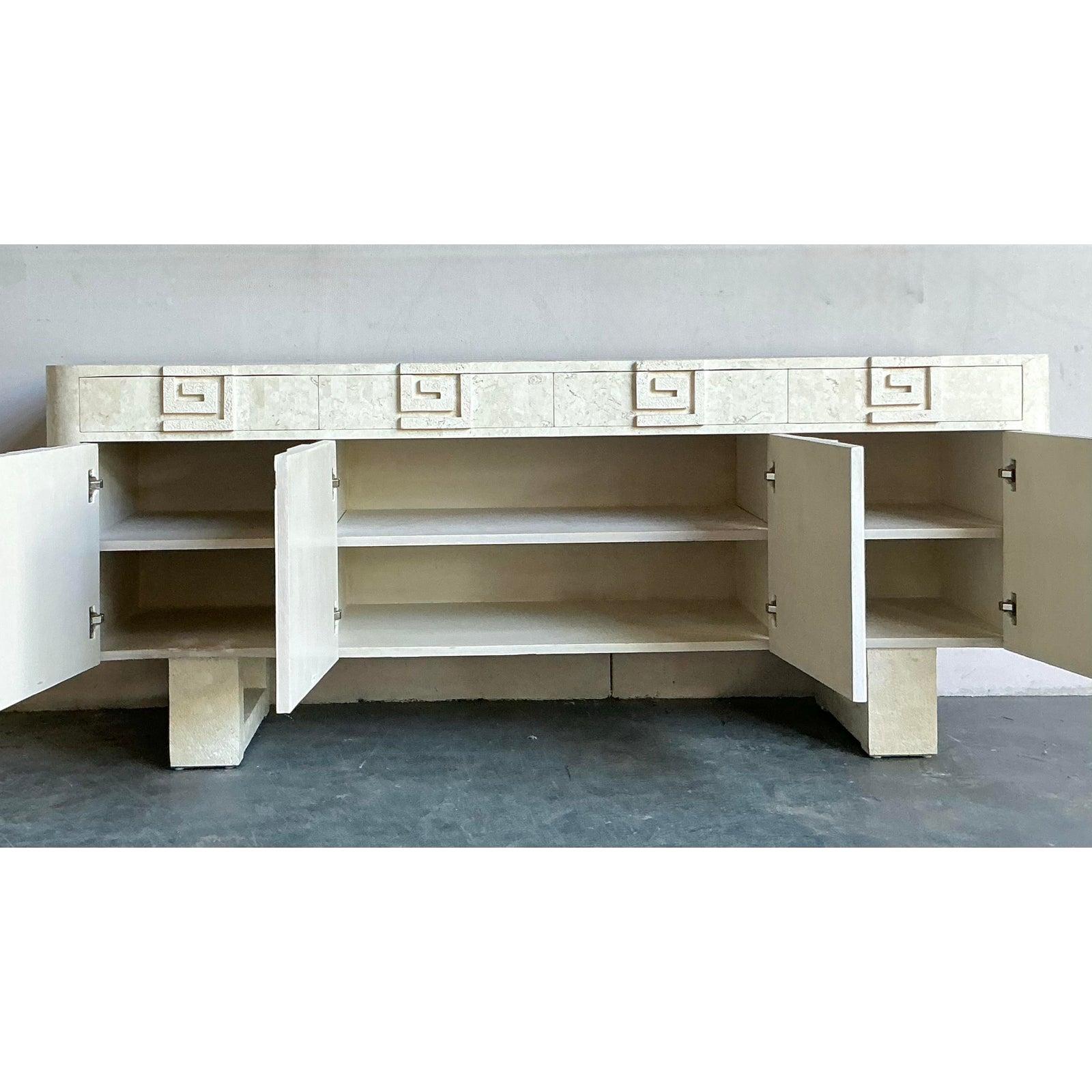 Philippine Vintage Boho Kittenger Greek Key Stone Credenza For Sale